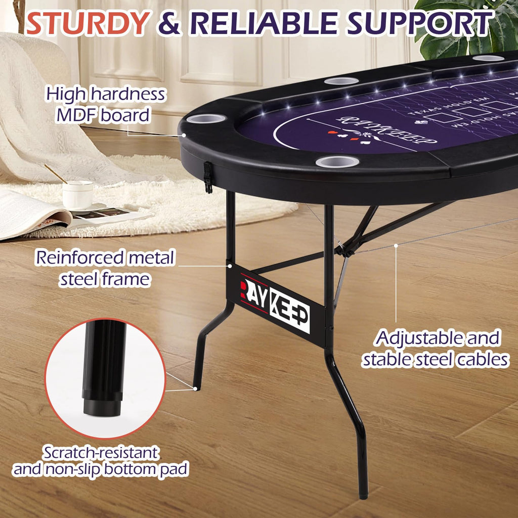 RAYKEEP 71" LED Poker Table - 8 Player Foldable Texas Hold'em Table with Built-in LED Lights, Padded Rails & 8 Cup Holders, Portable Casino Card Table for Home Game Room & Parties
