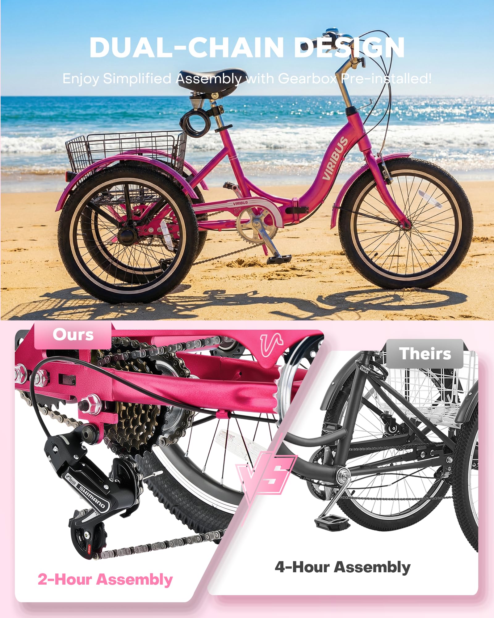 VIRIBUS Folding Tricycle for Adults, 7 Speed 20 Inch Mini Foldable 3 Wheel Bikes for Women Seniors with Dual Chain & Low Step-Through Frame, Collapsible Trike with Cargo Basket, 330 lbs, Hot Pink