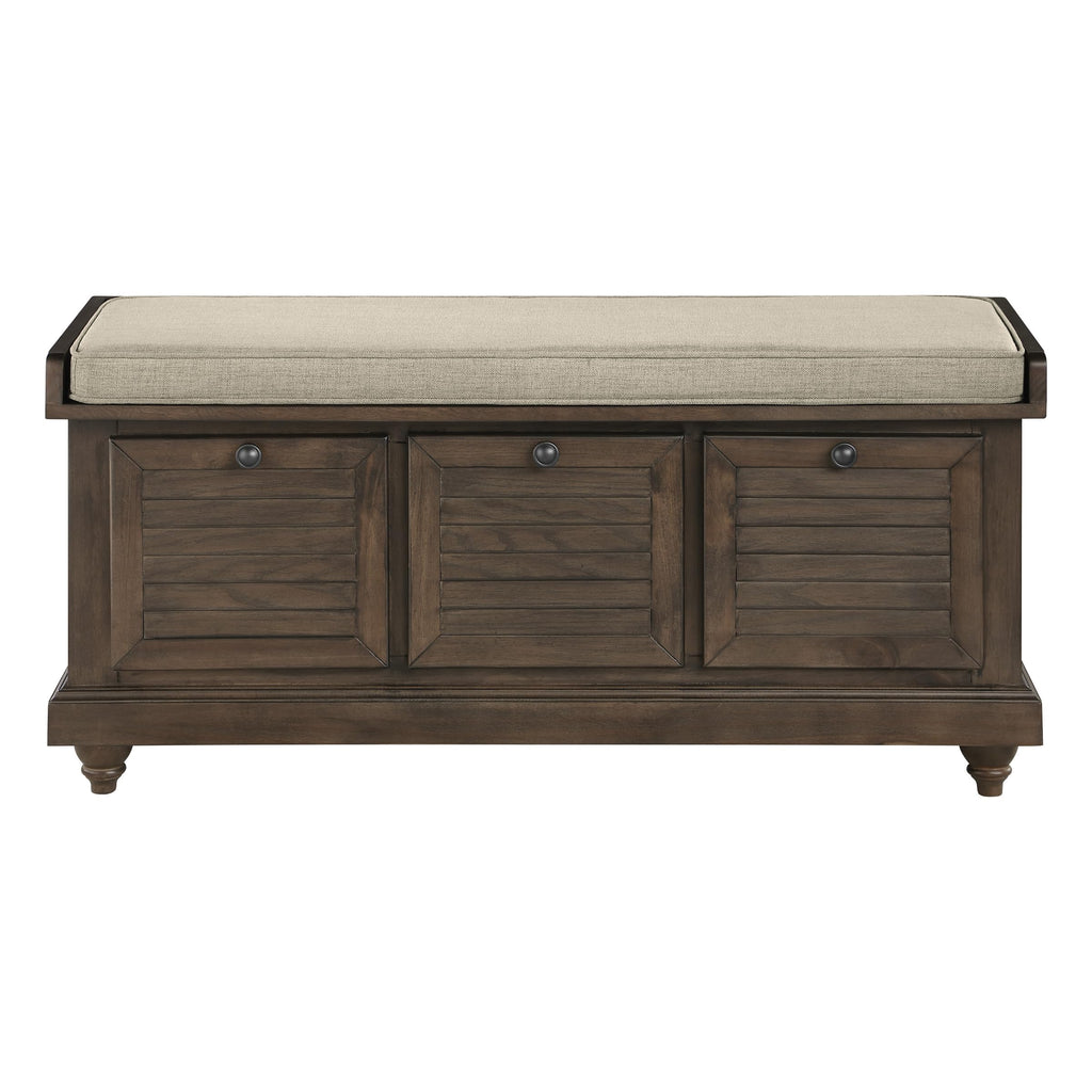 OSP Home Furnishings Dover Coastal Lift-Top Storage Bench with Shutter Face Styling, Dark Walnut Finish with Beige Fabric Cushion