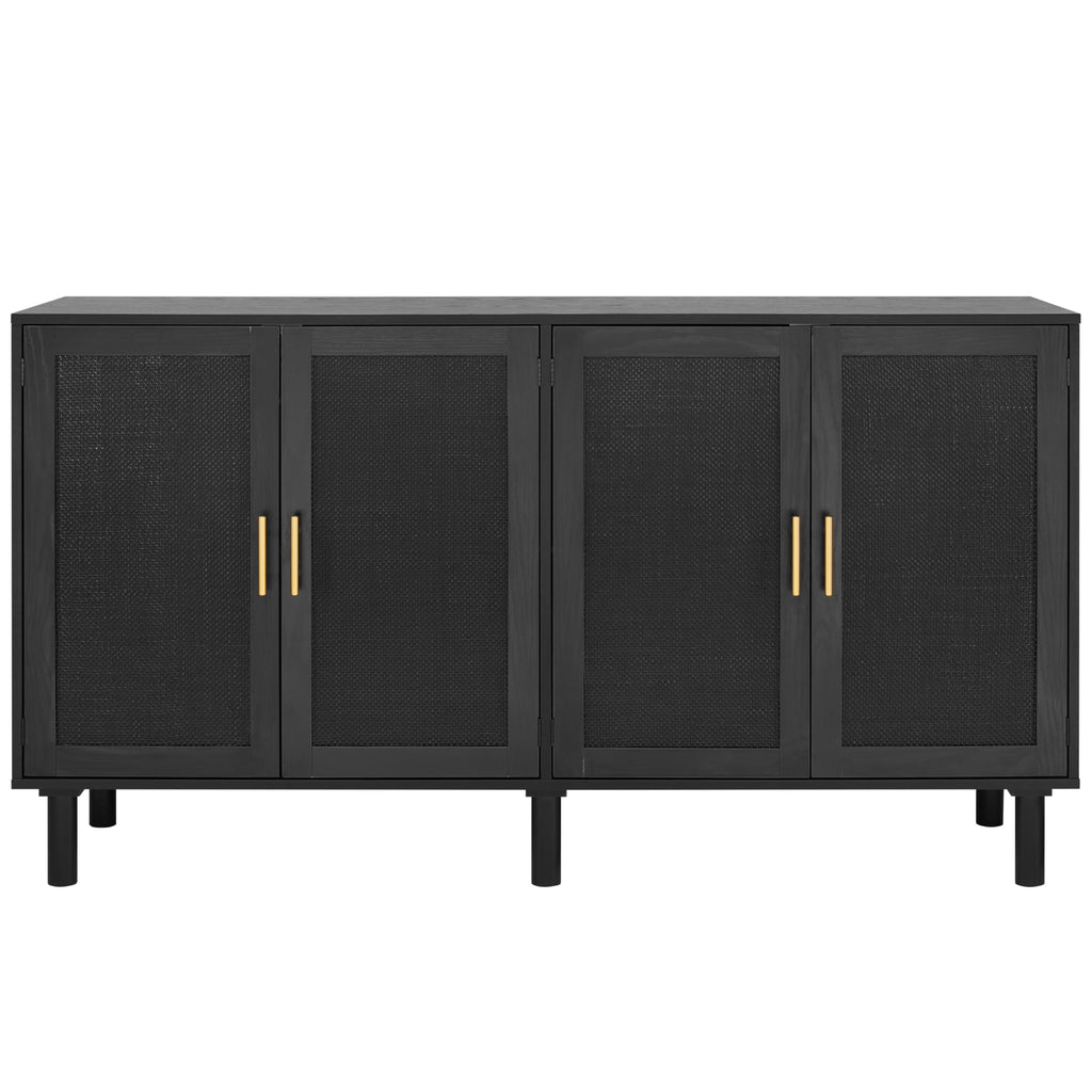 Finnhomy 4 Door Sideboard Buffet Cabinet, Kitchen Storage Buffet with Black Painted Rattan Decorated Doors, Cupboard Console Table, Boho Accent Liquor Cabinet, 62.3X 15.7X 34.6 Inches, Full Black