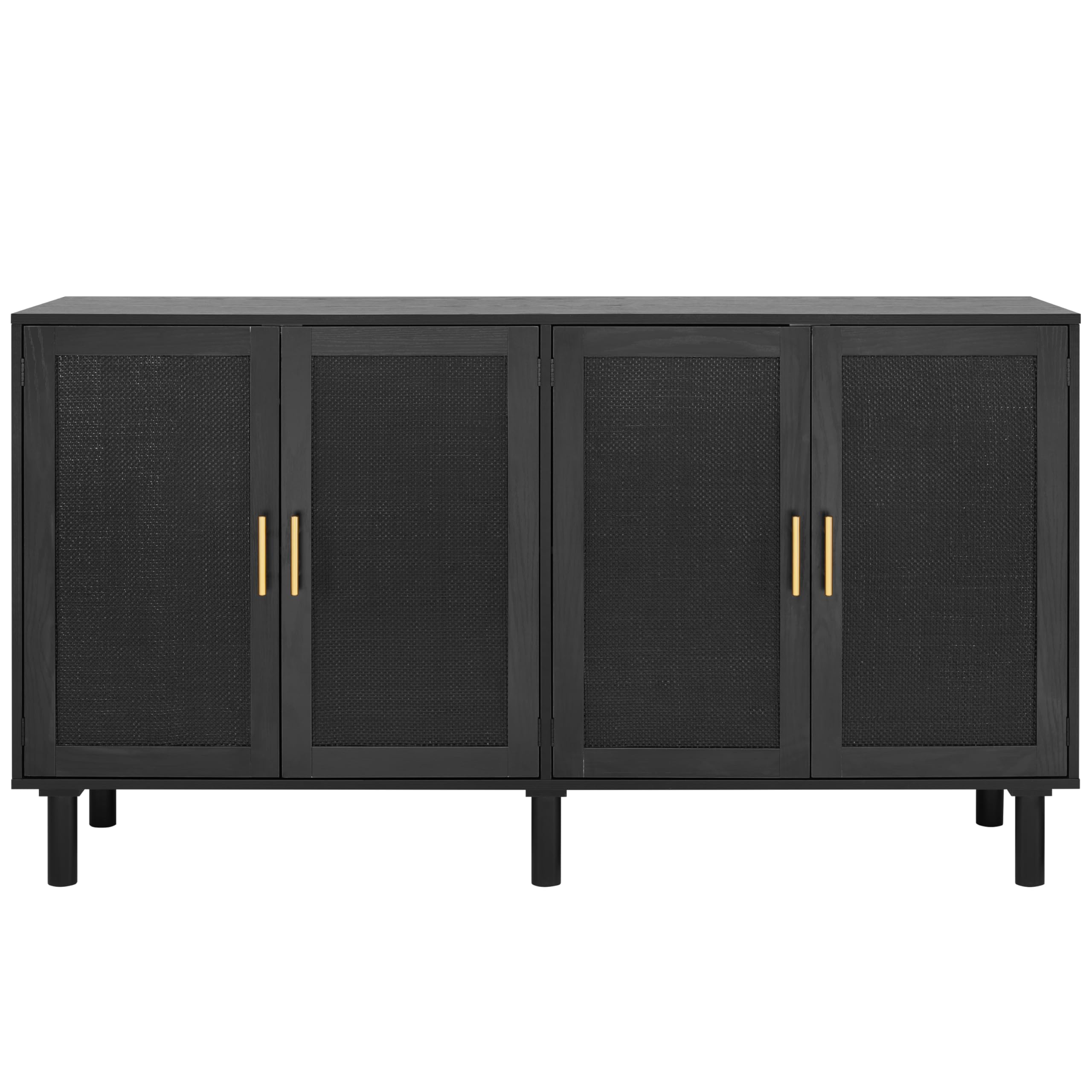 Finnhomy 4 Door Sideboard Buffet Cabinet, Kitchen Storage Buffet with Black Painted Rattan Decorated Doors, Cupboard Console Table, Boho Accent Liquor Cabinet, 62.3X 15.7X 34.6 Inches, Full Black