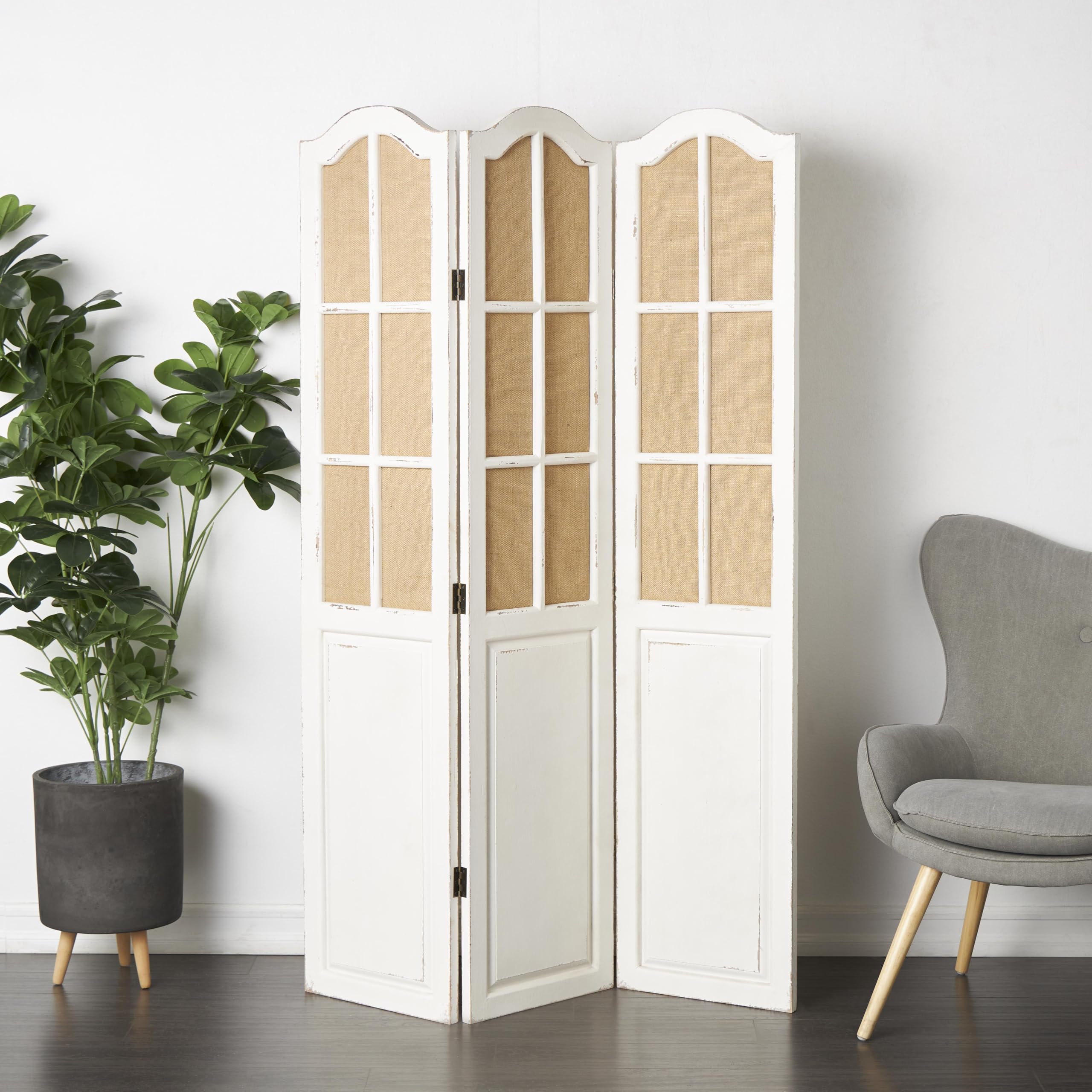 Deco 79 Wood Partition Room Divider Screen Hinged Foldable Partition 3 Panel Privacy Screen with Burlap Window Pane Design, Room Partition 48" x 1" x 71", Beige
