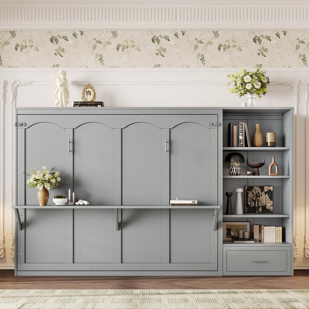 GDFStudio Queen Size Murphy Bed with Storage Compartments and Shelf, Wall Bed Frame with Adjustable Shelves and Drawer, Foldable Platform Bed for Guest Room Bedroom, Gray