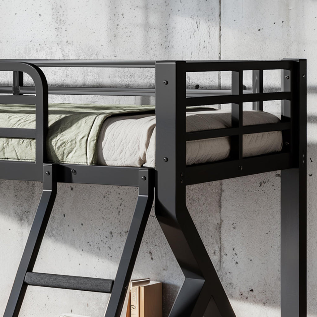 KEIKI Twin XL Over Queen Size Metal Bunk Bed Frame with Ladder & Guardrails, for Teens, Low Profile Design Modern Bunk Bed with Solid Slats, No Box Spring Required, Easy Assembly, for Bedroom, Black