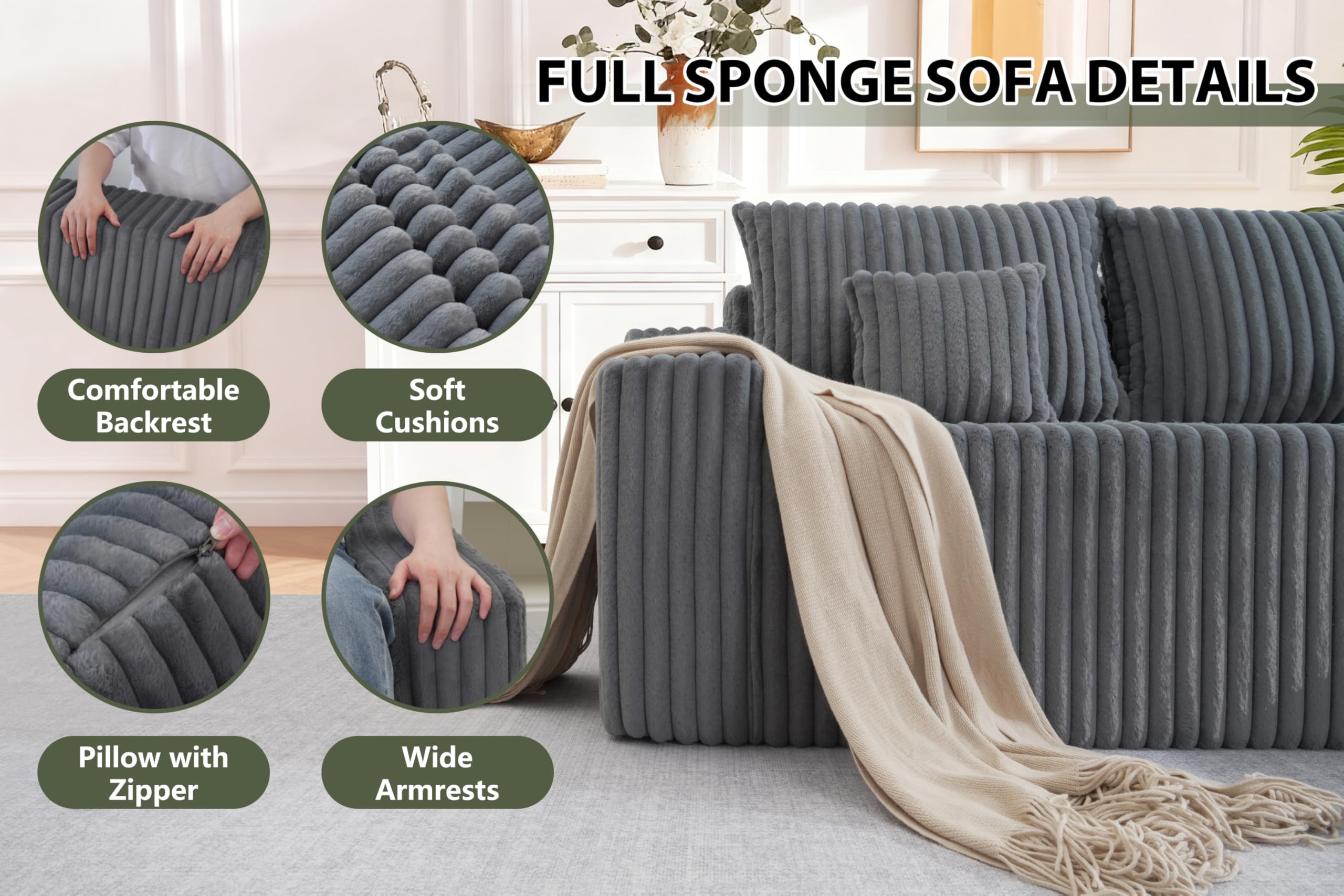HABUTWAY 94'' Cloud Sectional Couch, Boneless Sofa with Deep Seat, Modular Comfy L-Shape Couch with Chaise for Living Room Bedroom, No Assembly Required(Grey,Right Facing Chaise)