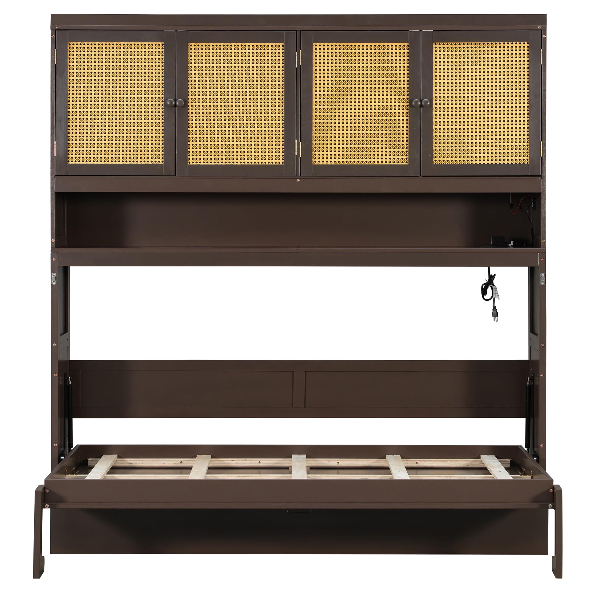 Merax Twin Murphy Bed Frame with Top Cabinet, Multi Storage Shelves & 4 Ratten Doors, 2-in-1 Bed Desk Space Saving Foldable Wall Bed with Light & USB Charging Ports, Espresso