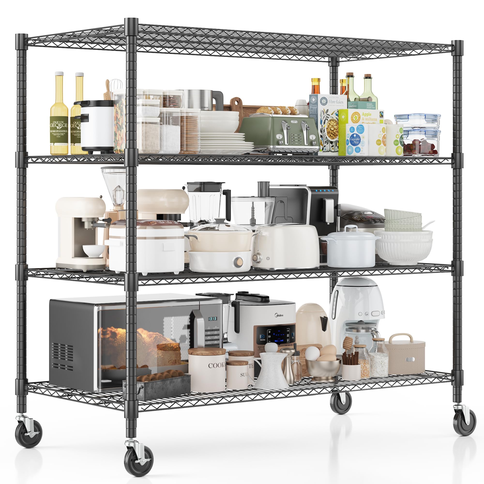 Homdox Heavy Duty Metal Shelves for Storage, 4 Tier Storage Racks and Shelving, Commercial Adjustable Wire Shelving Unit on Wheels, Garage Rack Pantry Shelves Kitchen Shelving, 24"x60"x72", Black