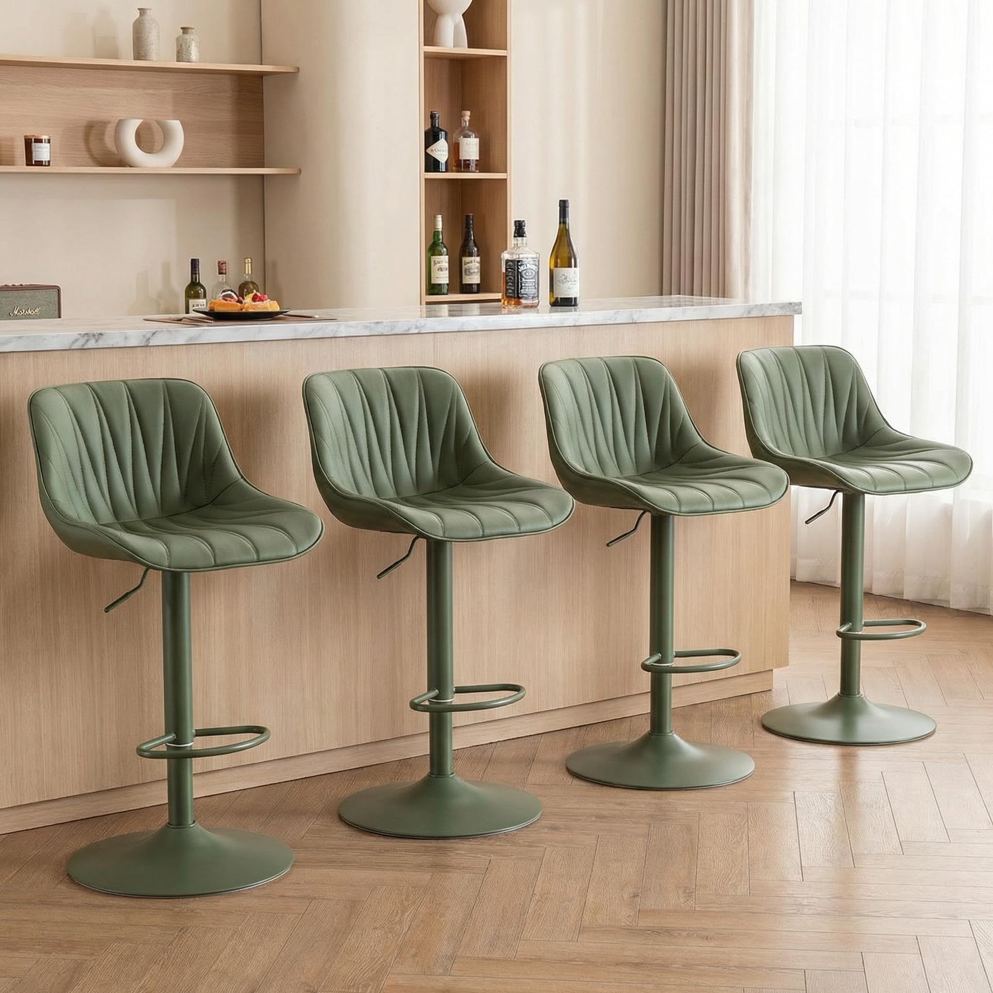 YOUNIKE Bar Stools Set of 2, Faux Leather Padded Bar Stool Counter Height Swivel Bar Chairs, Modern Adjustable Barstools with Back for Kitchen Island, Full Pea Green Same-Color Base