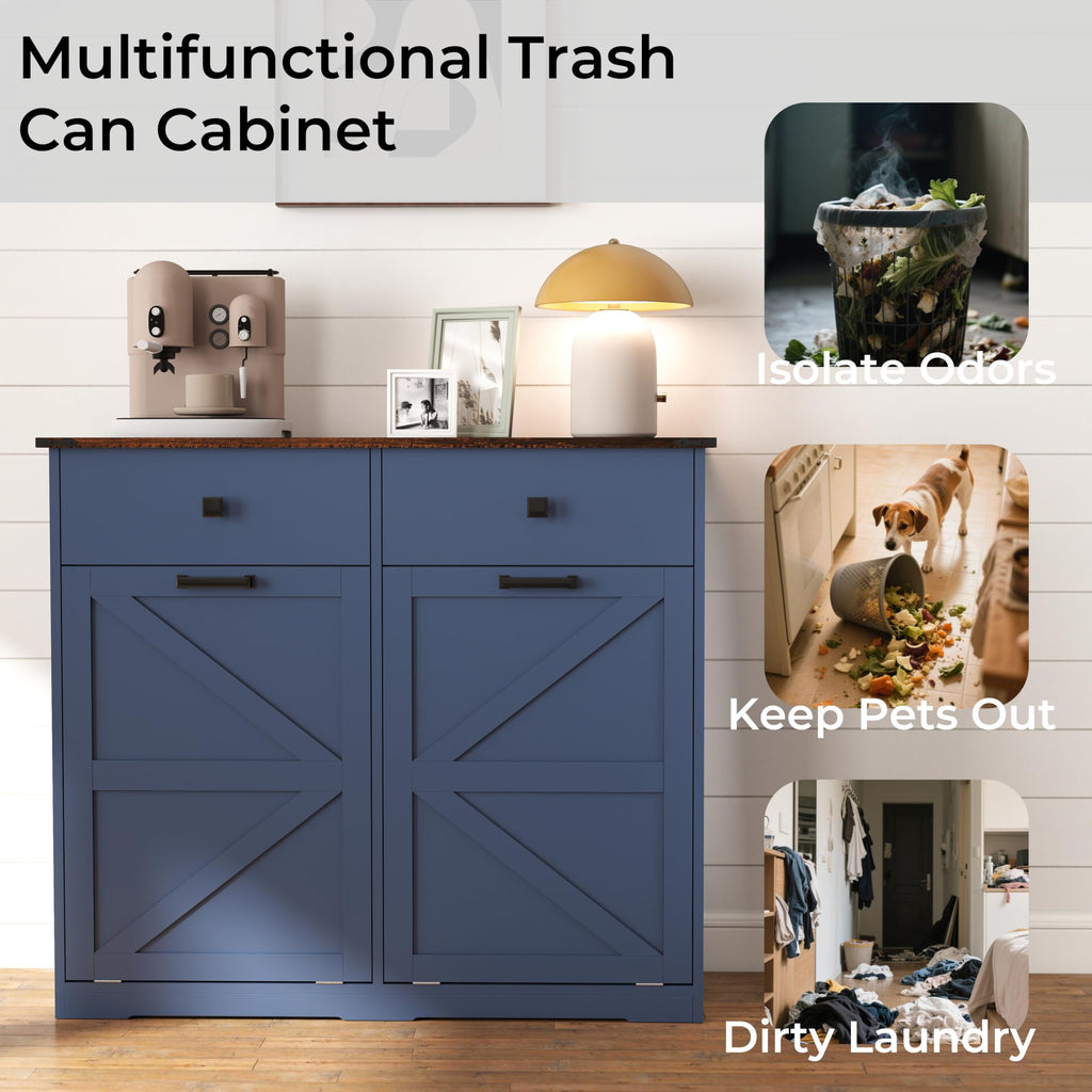Blue Double Tilt Out Trash Cabinet for 20 Gallon Trash Cans, Free Standing Recycling Cabinet with Hideaway Drawer, Barn Door Style Laundry Sorter Cabinet, Tilt Out Trash Cabinet for Kitchen