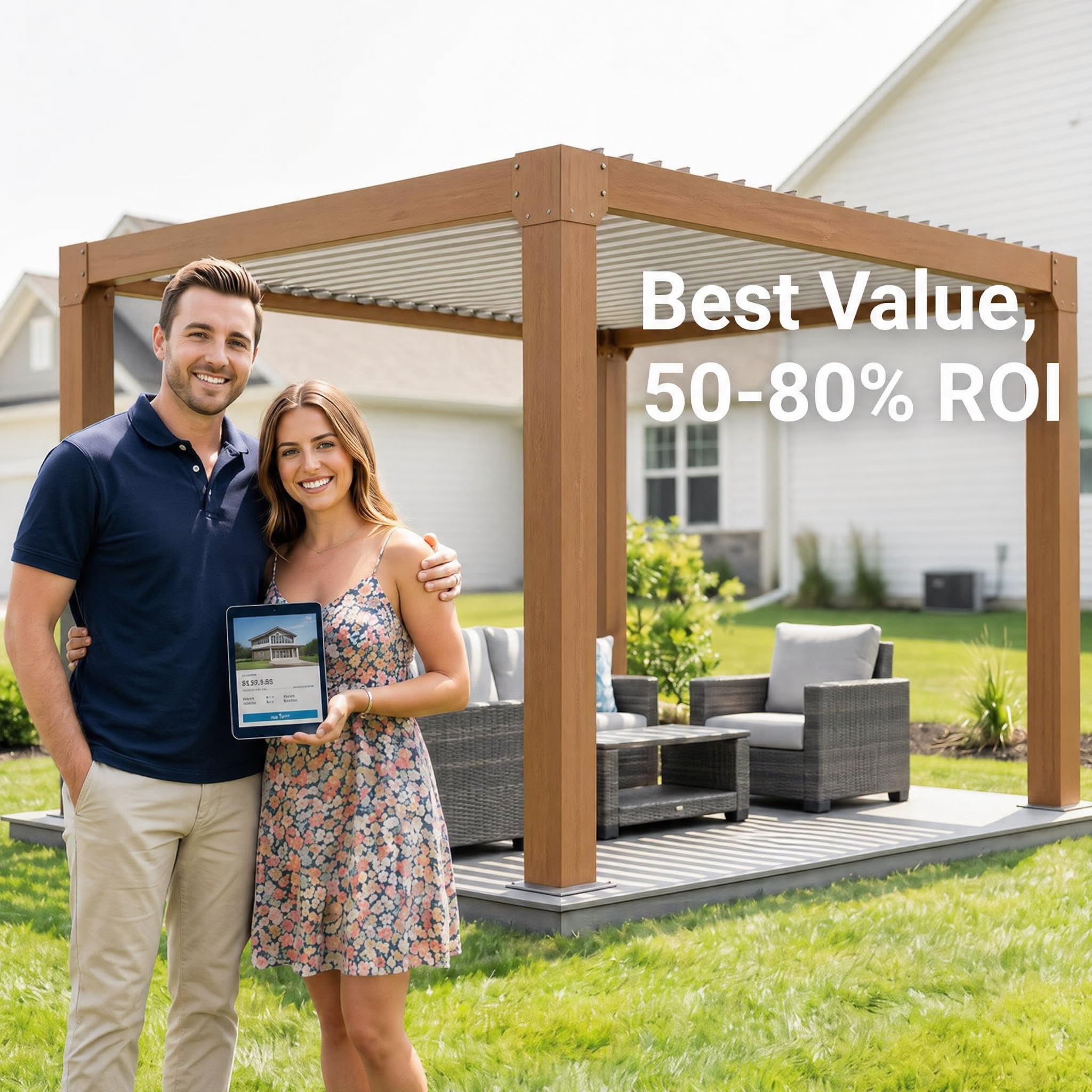 10x10FT Louvered Pergola, Modern Style Outdoor Pergola with Adjustable Louvered Roof, Reinforced Aluminum Frame, Integrated Drainage System, Hardtop Gazebo for Patio, Deck, Wood Grain