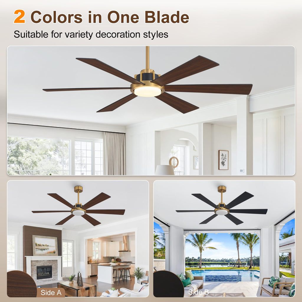WINGBO 60 Inch Ceiling Fan with Light - 6 Plywood Blades, 6-Speed Reversible DC Motor, Noiseless Remote Control Ceiling Fans with Lights for Bedroom Living Room Kitchen, Gold and Walnut/Black