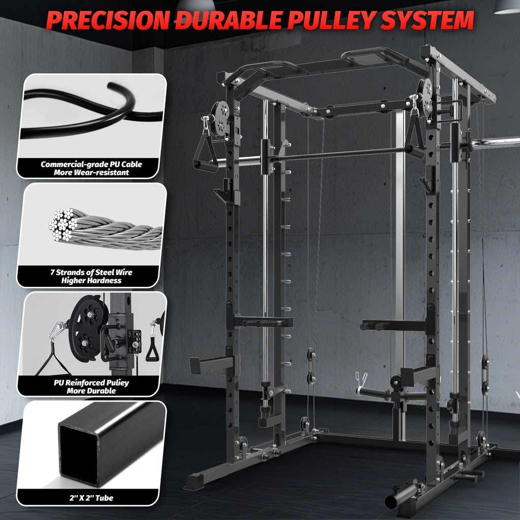 Garvee Power Cage, Smith Machine Squat Rack, Heavy Duty Power Rack for Home Gym with Pulley System, Dip Bar, LAT Pulldown, Multifunctional Squat Rack for Home Gym