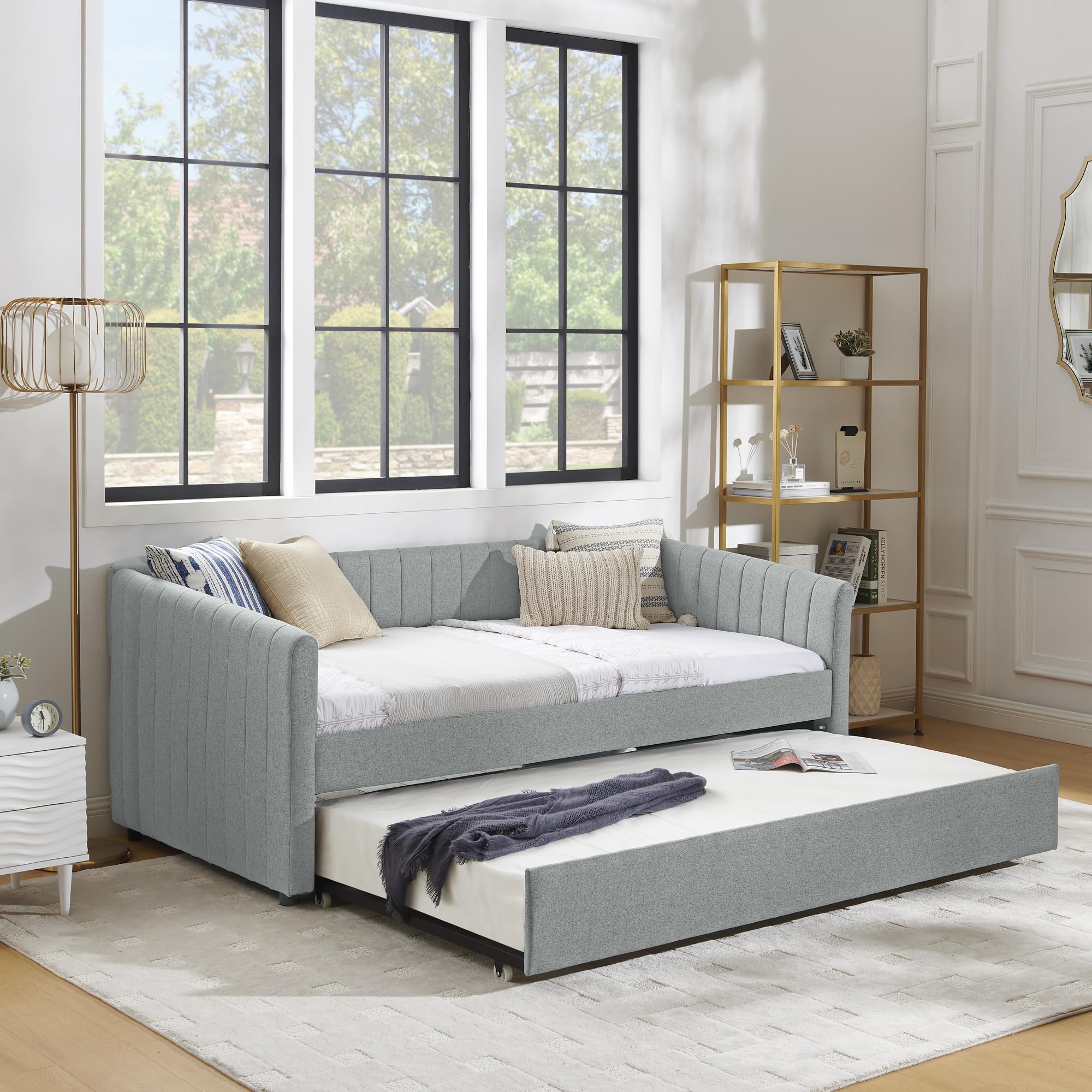 KEIKI Twin Size Upholstery Daybed with Erectable Trundle and Vertical Stripes, Twin to King Design Extendable Linen Sofa Bed, Easy Assembly, No Box Spring Required, for Living Room and Bedroom, Grey