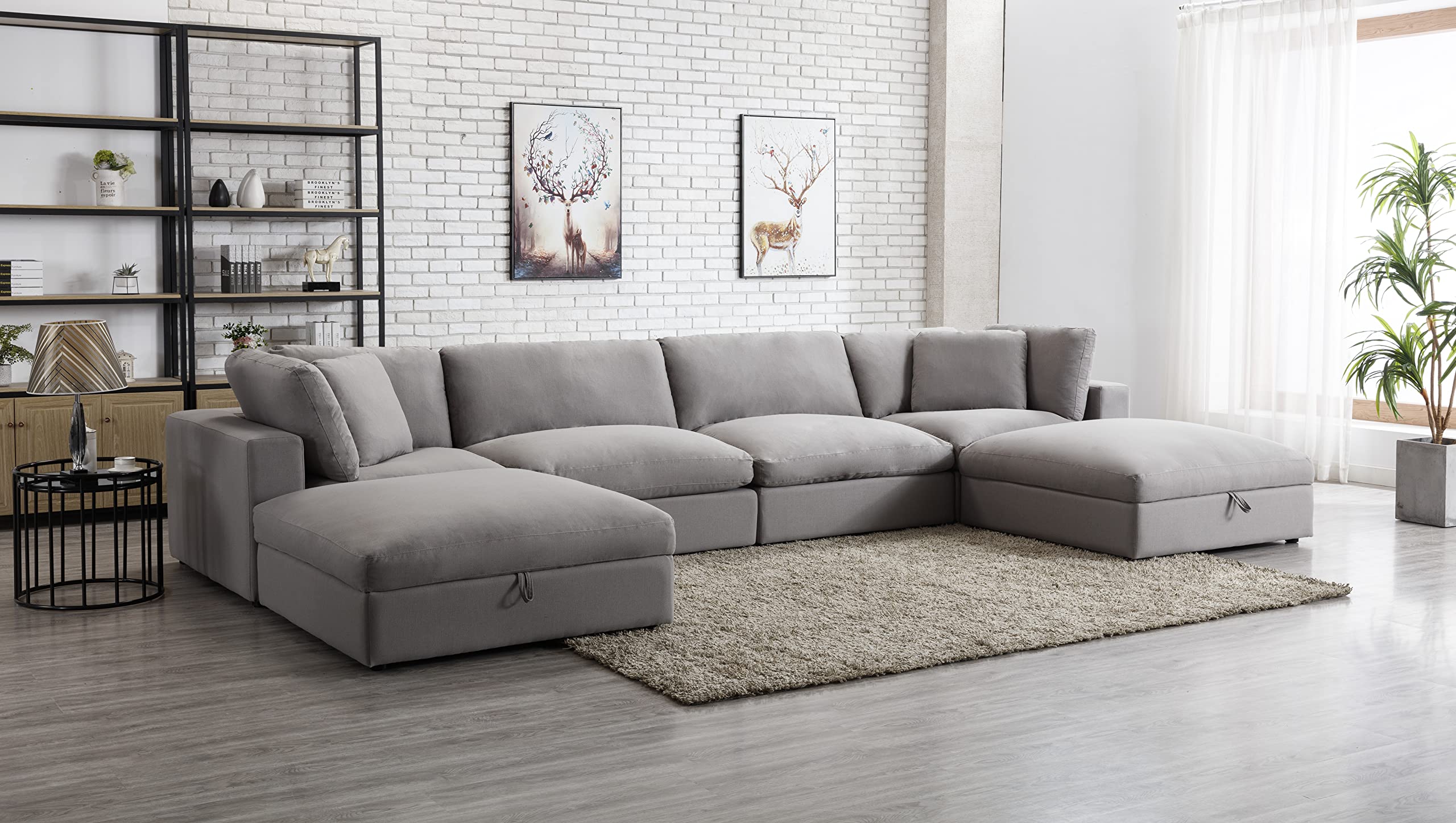 Roundhill Furniture Rivas Contemporary Feather Fill 5-Piece Modular Sectional Sofa with Two Ottomans, Graphite