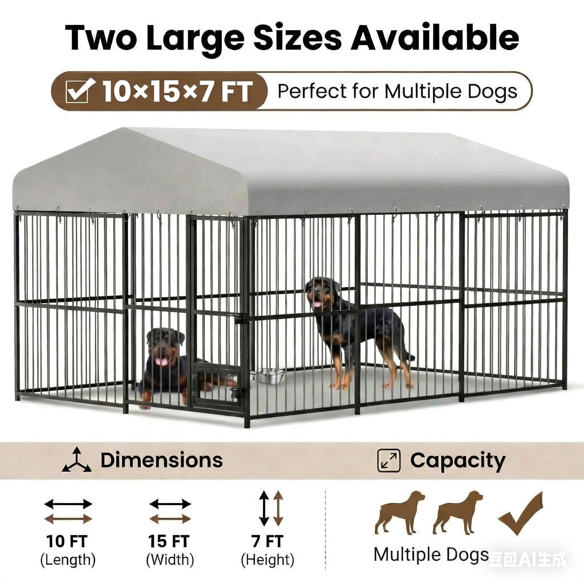 10 x 15 FT Large Outdoor Dog Kennel, Heavy Duty Outside Dog Kennel with Waterproof Cover Roof, Galvanized Metal Frame, Secure Lock, and Included Bowls for Backyard, Park, or Garden