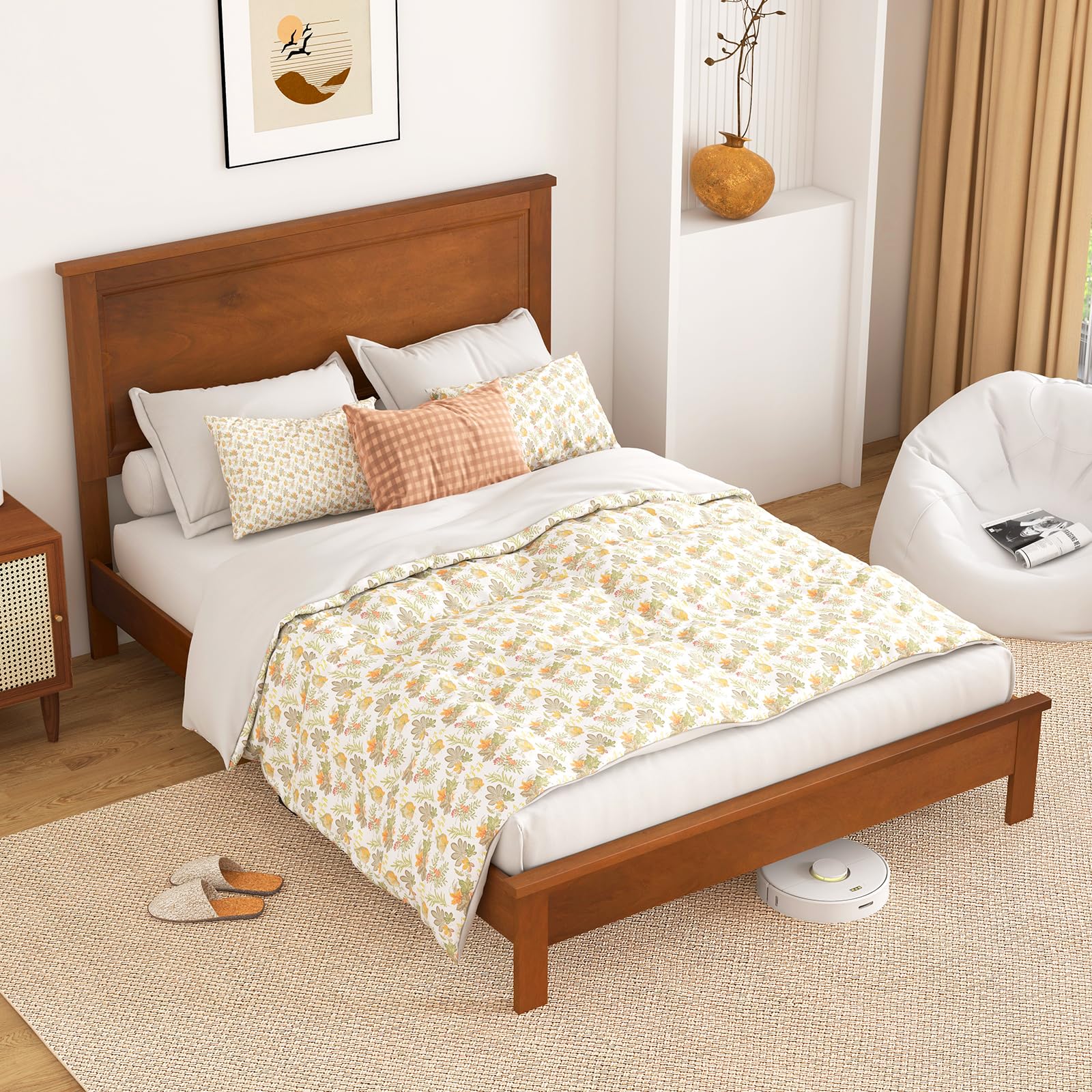 KOMFOTT Full Size Wood Platform Bed Frame with Headboard, Wooden Mid Century Platform Bed with Slat Support & Under Bed Storage, Mattress Foundation Bed Base, No Box Spring Needed, Walnut