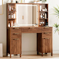 Vanity Desk with Large 27.2" Mirror and Lights 47.2" Fluted Makeup, 5 Drawer Vanity with Power Strip, 4 Open Shelves, 2 Cabinet, Modern Bedroom Vanity Featuring Visual Transparent Glass. Brown