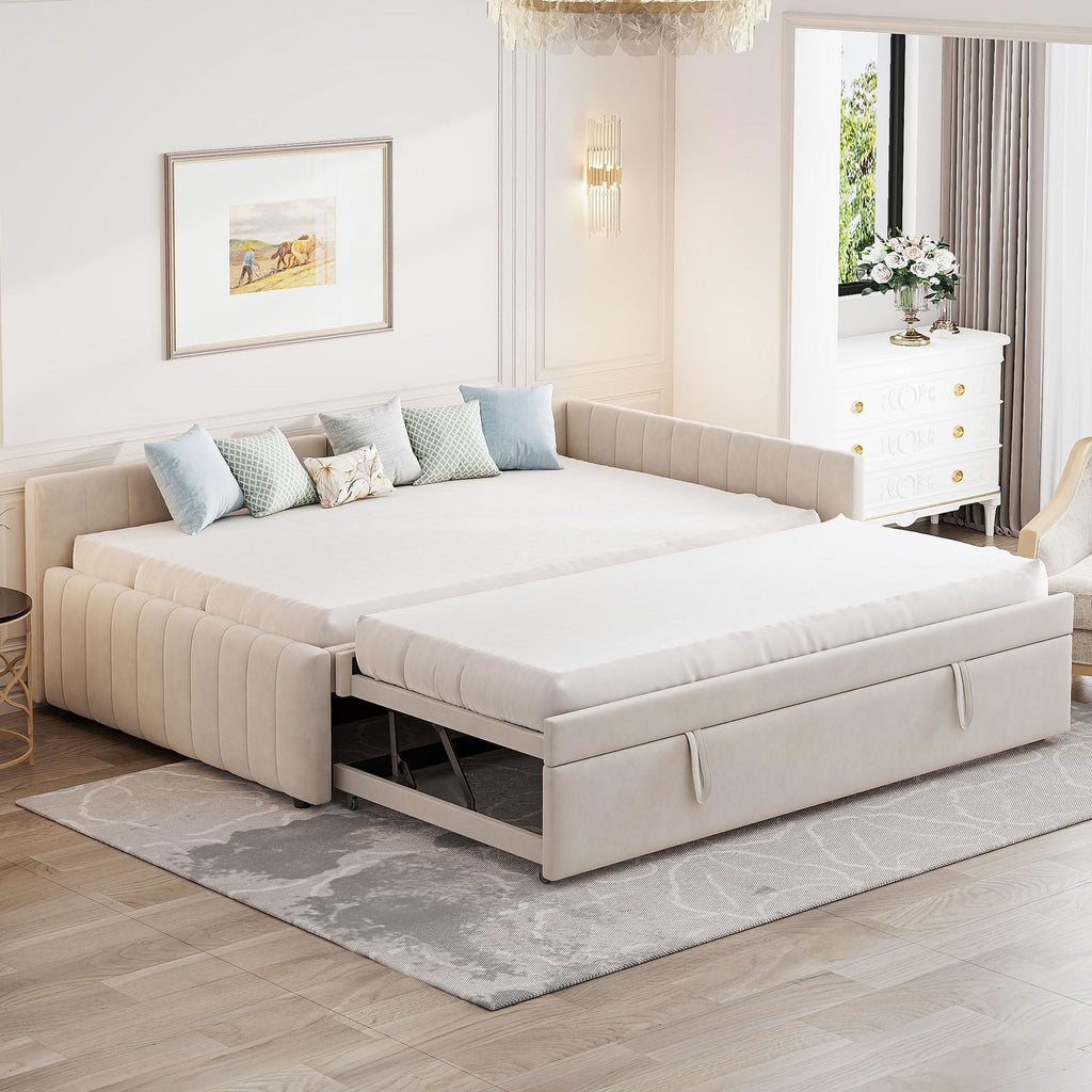Full Size Upholstered Daybed with Pop up Trundle Bed,Velvet Day Bed Frame with L-Shaped Backrest,Pop up Trundle Full Size,Tufted Sofa Bed for Bedroom,Living Room,Guest,Beige