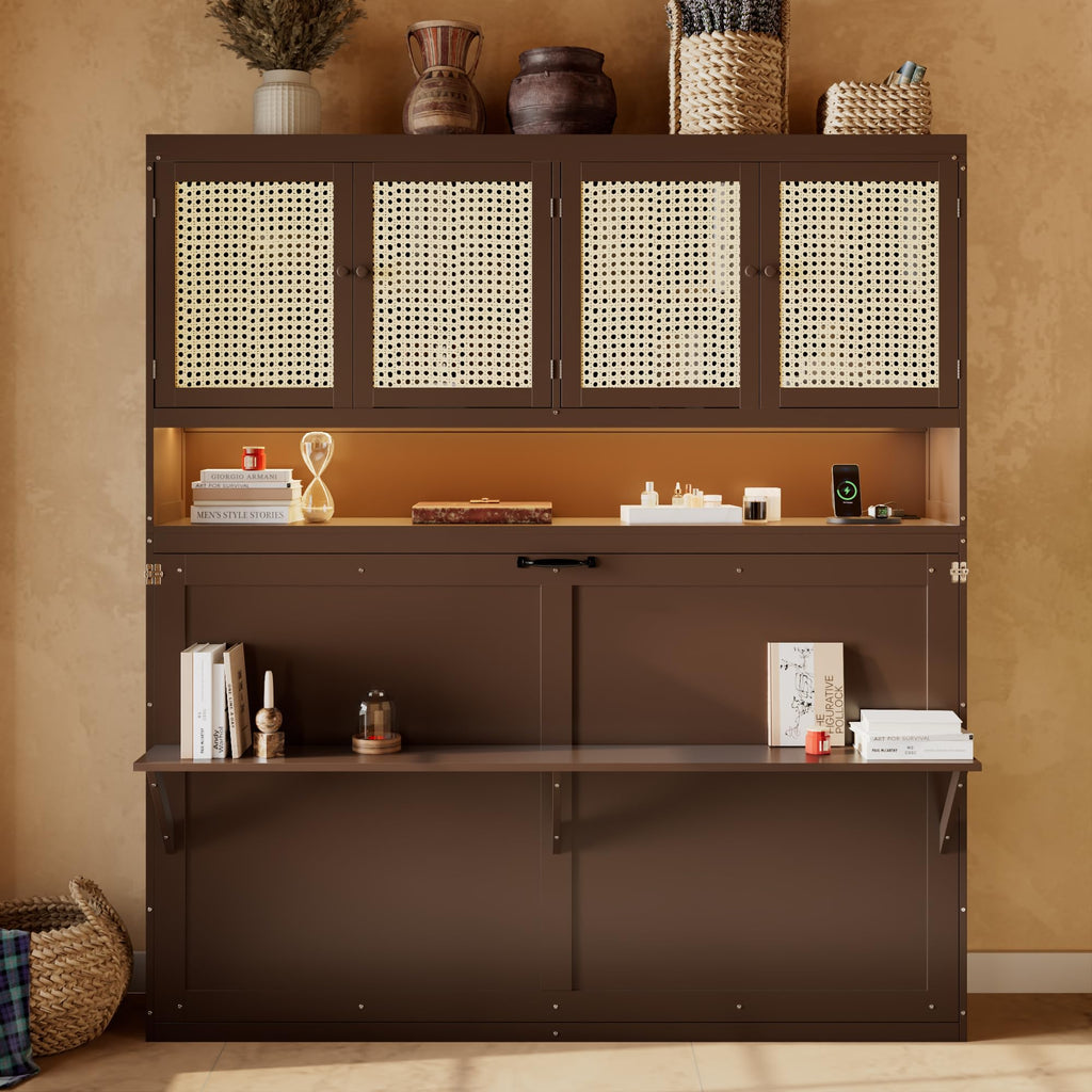 DNYN Murphy Bed Frame with Top Cabinet and LED for Bedroom/Guest/Study Room, Twin Size Wooden Foldable Wall Bed with USB Ports, Space-Saving Design & No Box Spring Needed