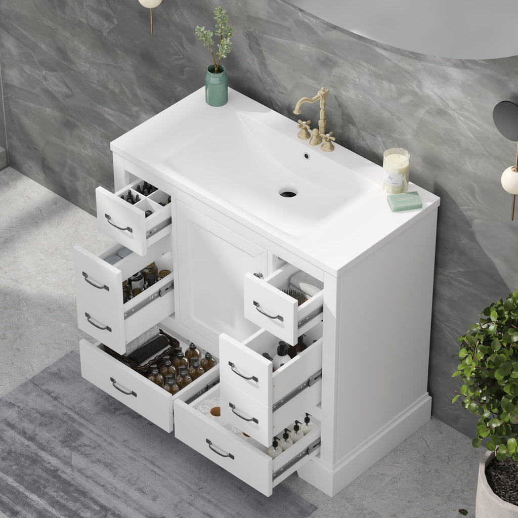 36" Bathroom Vanity Cabinet with Sink Set w/Painted Solid Wood Legs, Undermount Ceramic Top, Multi-Functional Drawers, Storage Dividers, White