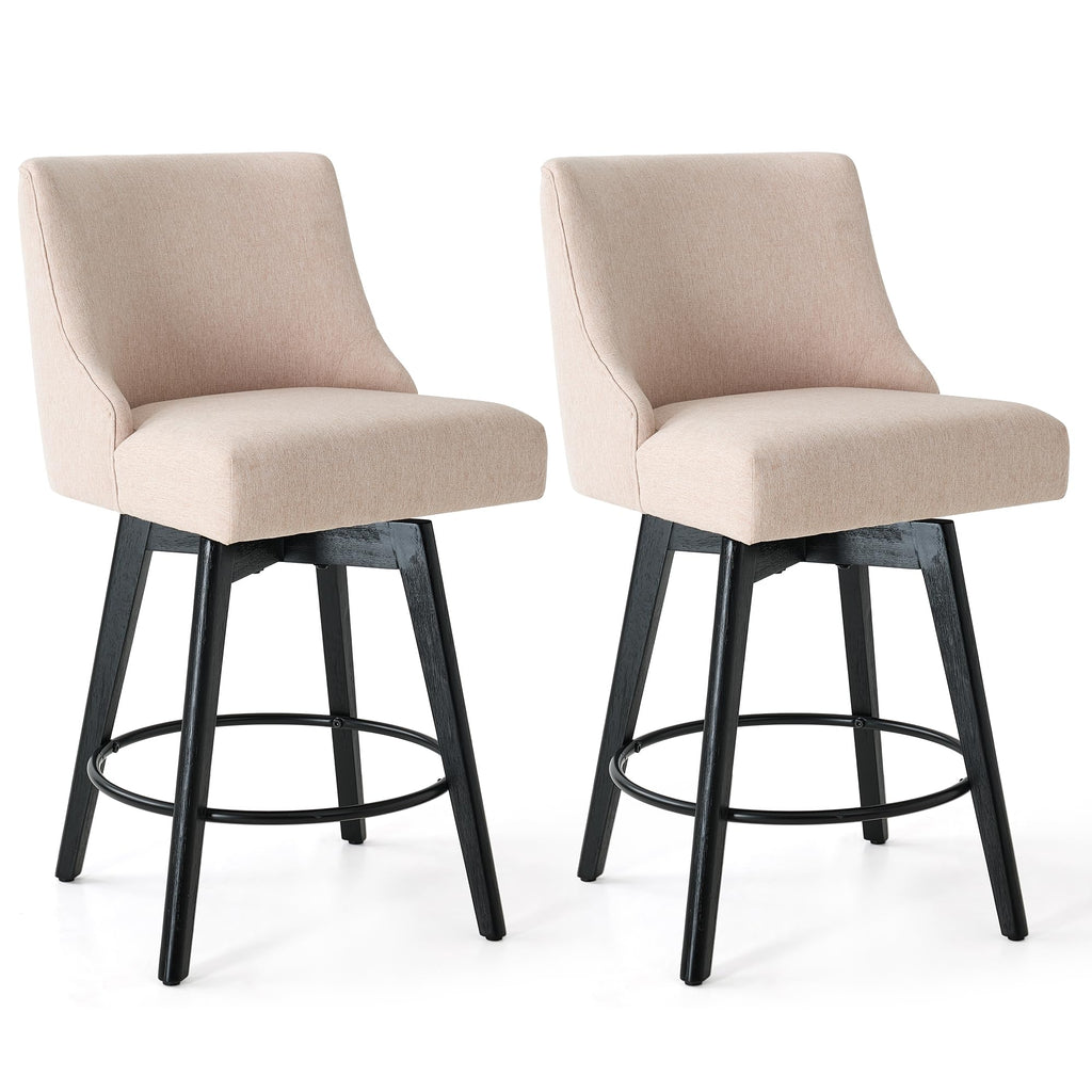 Vipbear Counter Height Bar Stools Set of 2, Modern Linen Fabric Swivel Barstools with Contoured Backs and Solid Wood Legs, 26" Seat Height Upholestered Bar Chairs for Kitchen Island, Flax Beige