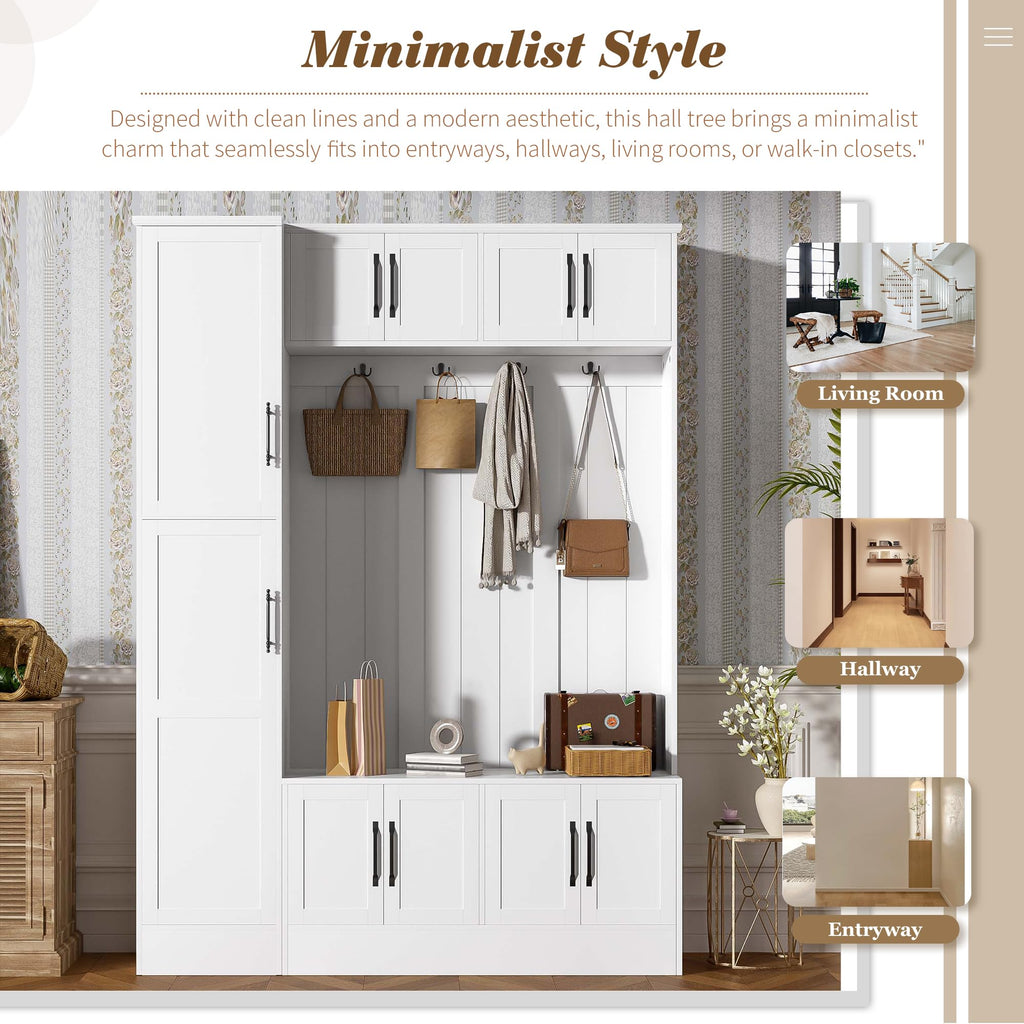 Hall Tree with Bench and Shoe Storage, Entryway Coat Rack with Storage, 4-in-1 Entryway Bench with 6 Cabinets, 4 Coat Hooks & Adjustable Shelf, Mudroom Bench with Storage and Hooks for Hallway, Livin