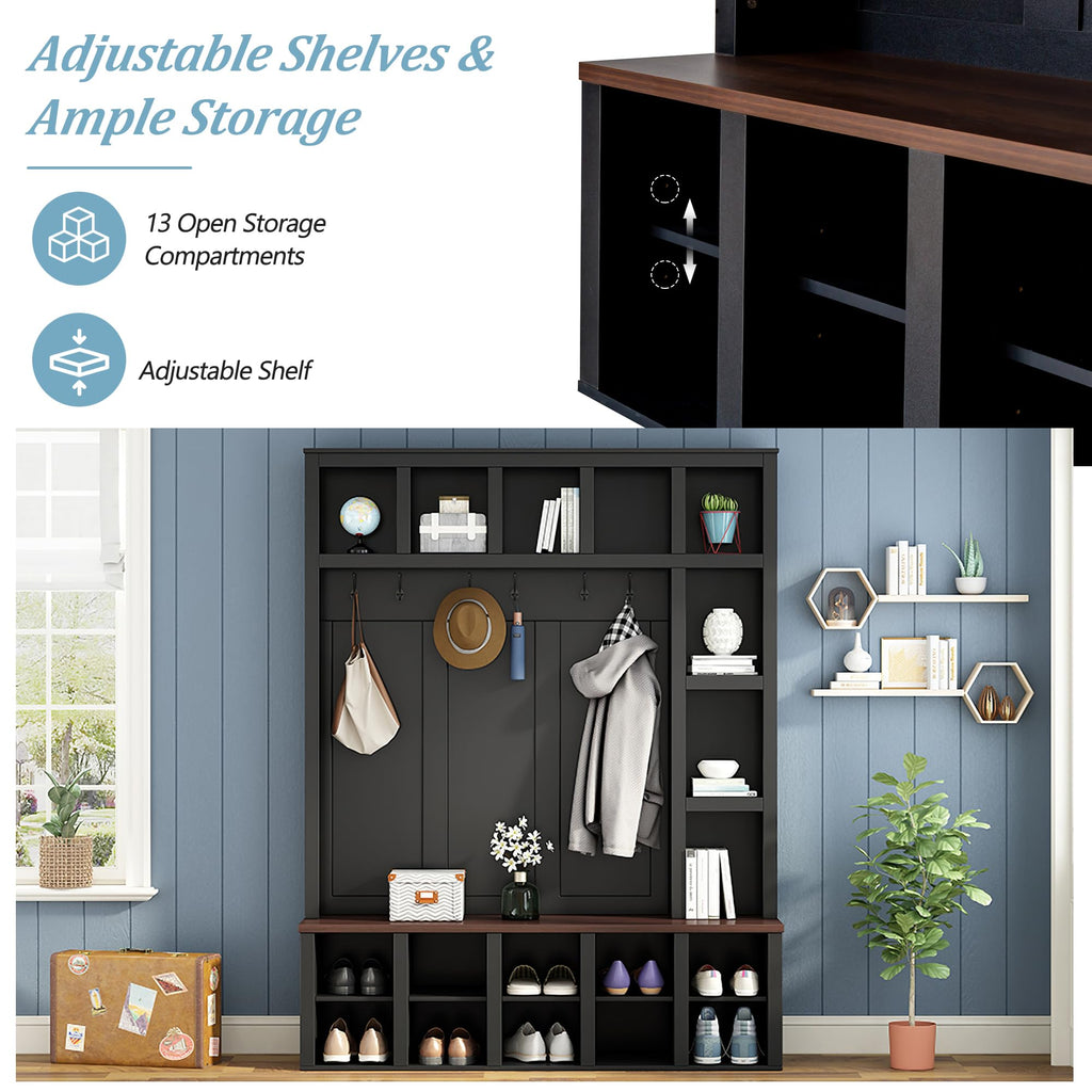 Merax Hall Tree with Bench and Shoe Storage, Farmhouse Wooden Coat Rack with 6 Hooks, Built-in 18 Open Compartments, for Entryway, Living Room, Black