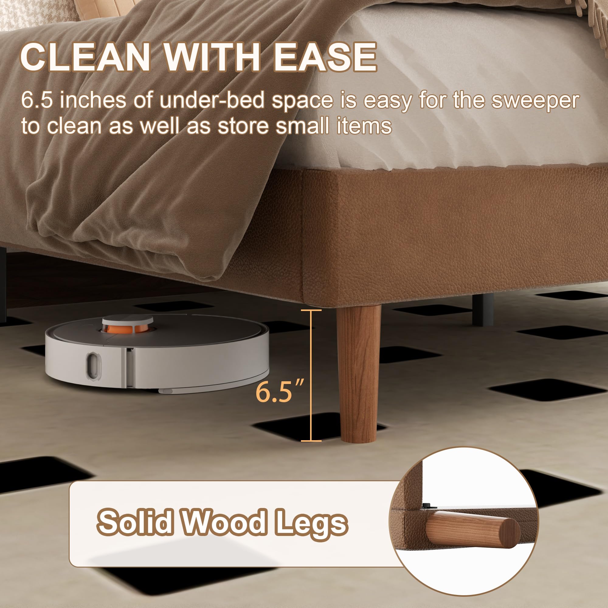 Sismplly King Size Upholstered Bed Frame with Adjustable Headboard, Faux Leather Platform Bed with Wood Slats, Lychee Grain Leather, No Box Spring Needed, Easy Assembly, Noise Free, Brown