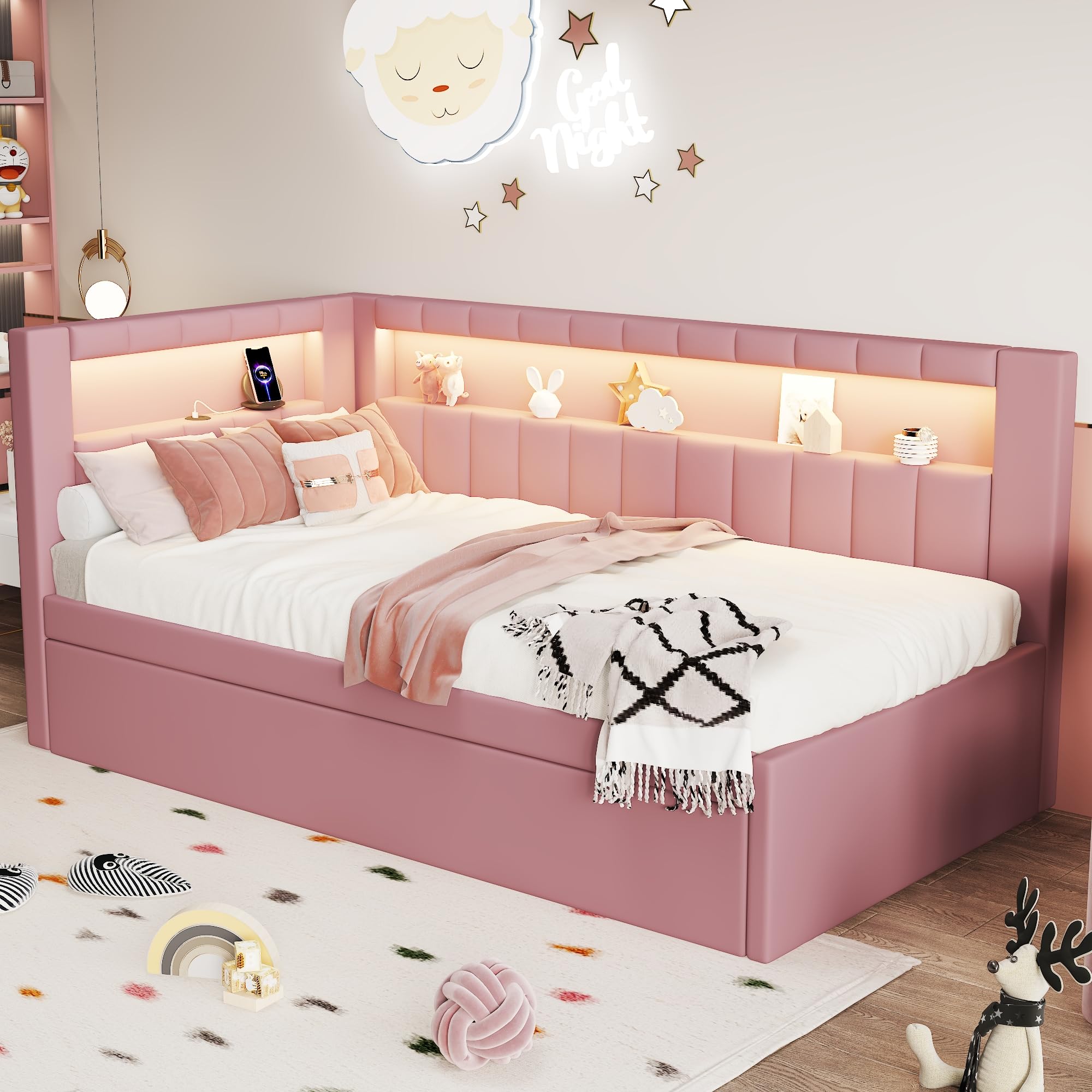 Bellemave Twin Size Upholstered Daybed with Trundle and USB/LED Belt, Corner Bed with Trundle. L-Shape daybed for Bedroom Living Room, Pink（Linen）