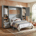 Merax Queen Size Murphy Bed with Desk, Multifunctional Foldable Wall Bed with Closet, Drawers and Shelves, Space-Saving Wood Platform Bed Frame for Small Spaces Studio Study Office Guest Room, Gray
