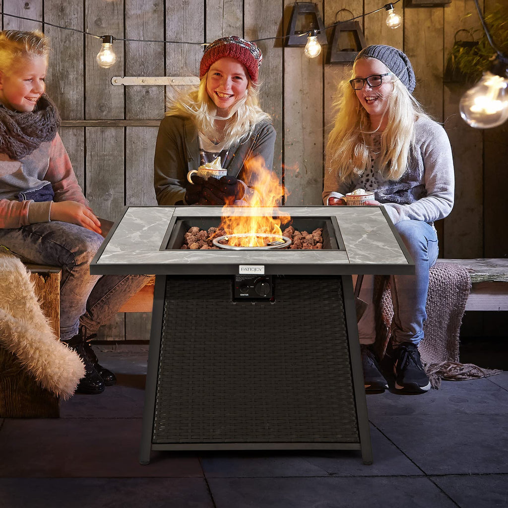 COSTWAY 35" Propane Gas Fire Pit Table, 50,000 BTU Auto-Ignition Propane Fire Pit with Lid, Lava Rocks and PVC Cover, Outdoor PE Rattan Fire Pit Table for Poolside, Garden, Balcony, ETL Certification
