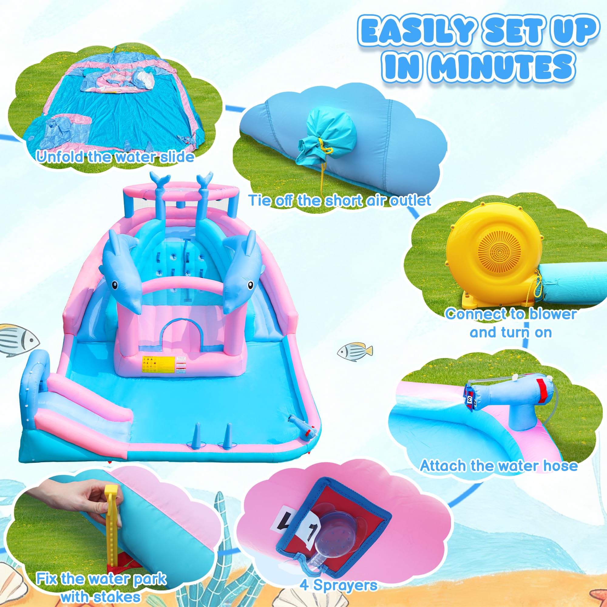 BounBounTime Inflatable Water Slide, Dolphin Bounce House for Kids 3-12, Water Park with Blower, Splash Pool, Climbing Wall, Water Cannon, Bouncy Castle for Backyard Summer Fun, 195 x 162 x 104 inches
