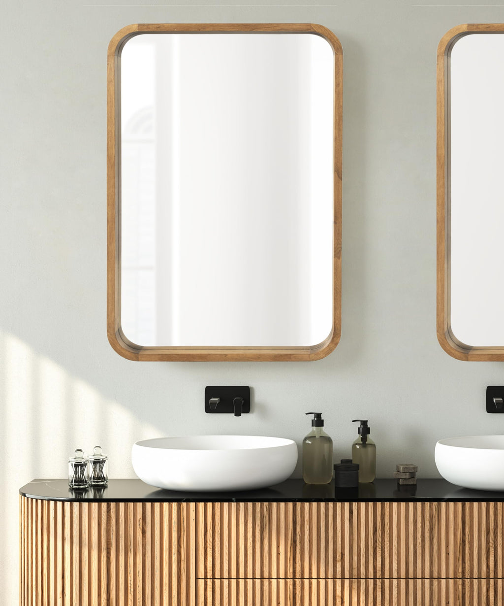 Kate and Laurel Hutton Modern Rounded Rectangle Wall Mirror; 24 x 36; Natural Rustic; Decorative Farmhouse Rectangular Wall Decor for Bathroom Mirror for Over Sink
