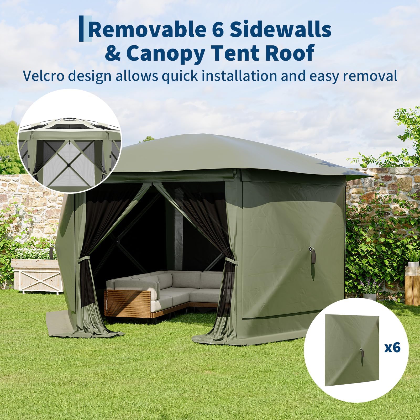 11.5x11.5FT Pop Up Canopy Tent 6 Sided Hexagon Screened Shelter with Mesh Windows, Portable Outdoor Gazebo Tent with Carry Bag, Stakes for Camping Backyard Lawn Patio