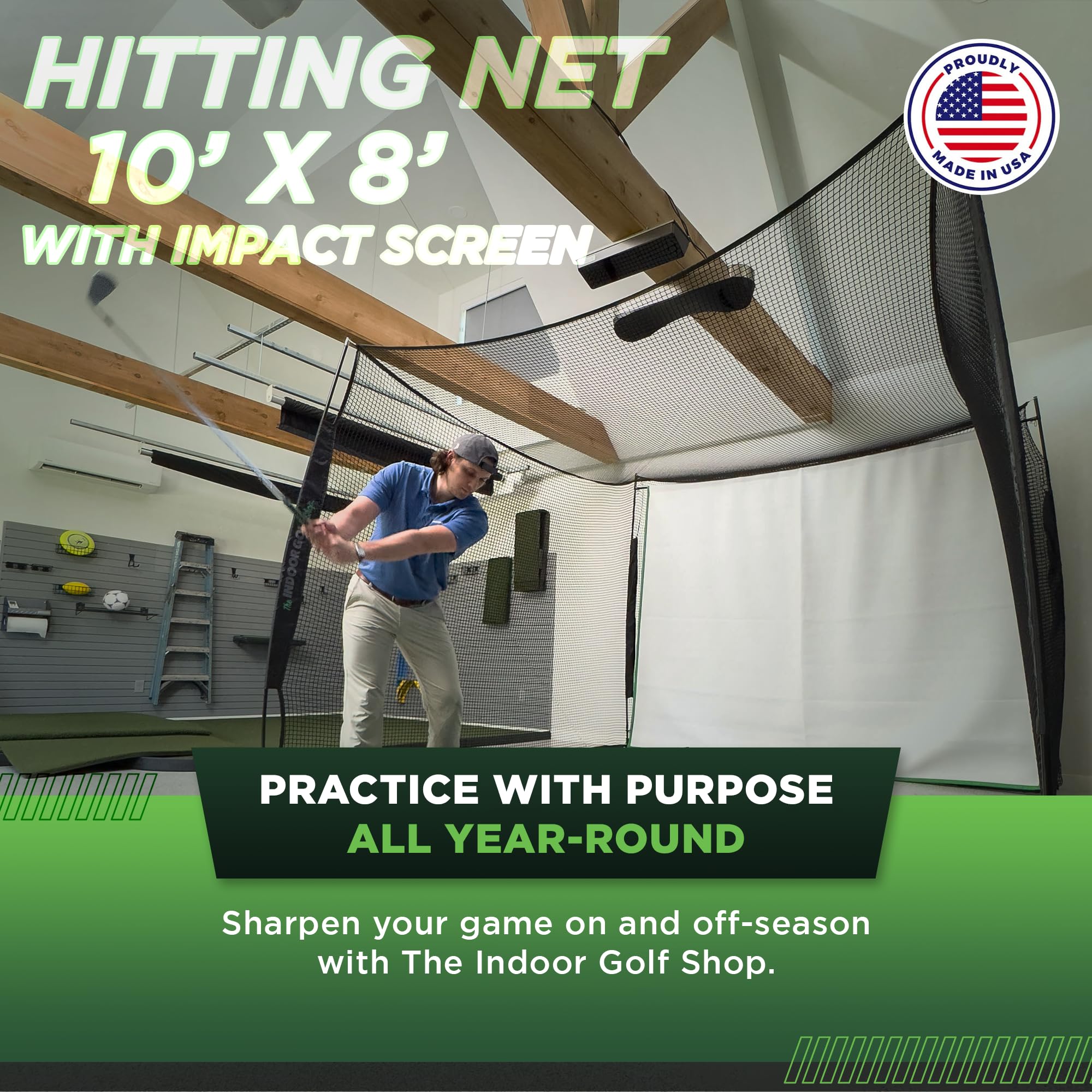 The Indoor Golf Shop - Golf Net 10' x 8' with Impact Screen Knotless Golf Hitting Net with Simulator Screen for Indoor and Outdoor Practice - Arrives Ready to Assemble and Use