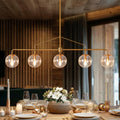 Lzawvm Modern Linear Chandelier Gold 5 Light Dining Room Linear Chandelier with Seeded Glass Globe 39 Inch Kitchen Island Pendant Light Electroplated Copper Finish for Farmhouse Living Room