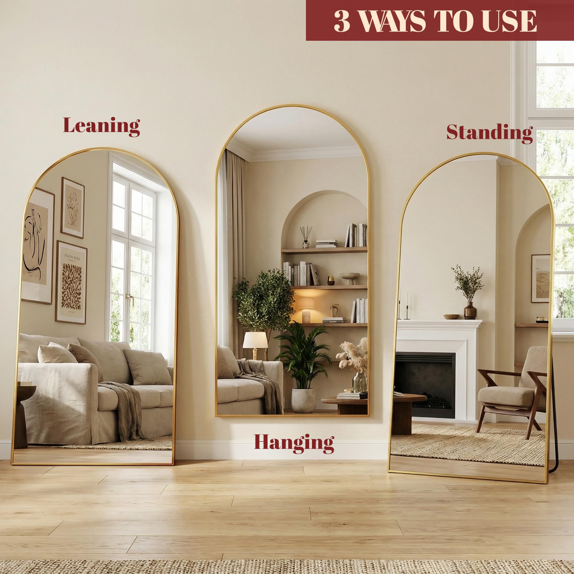Suidia 76"x44" Arched Full Length Mirror with Stand, Full Body Mirror with Aluminum Frame, Freestanding/Leaning/Wall-Mounted, Floor Mirrors for Bedroom, Living Room, Entryway, Dressing Room, Gold