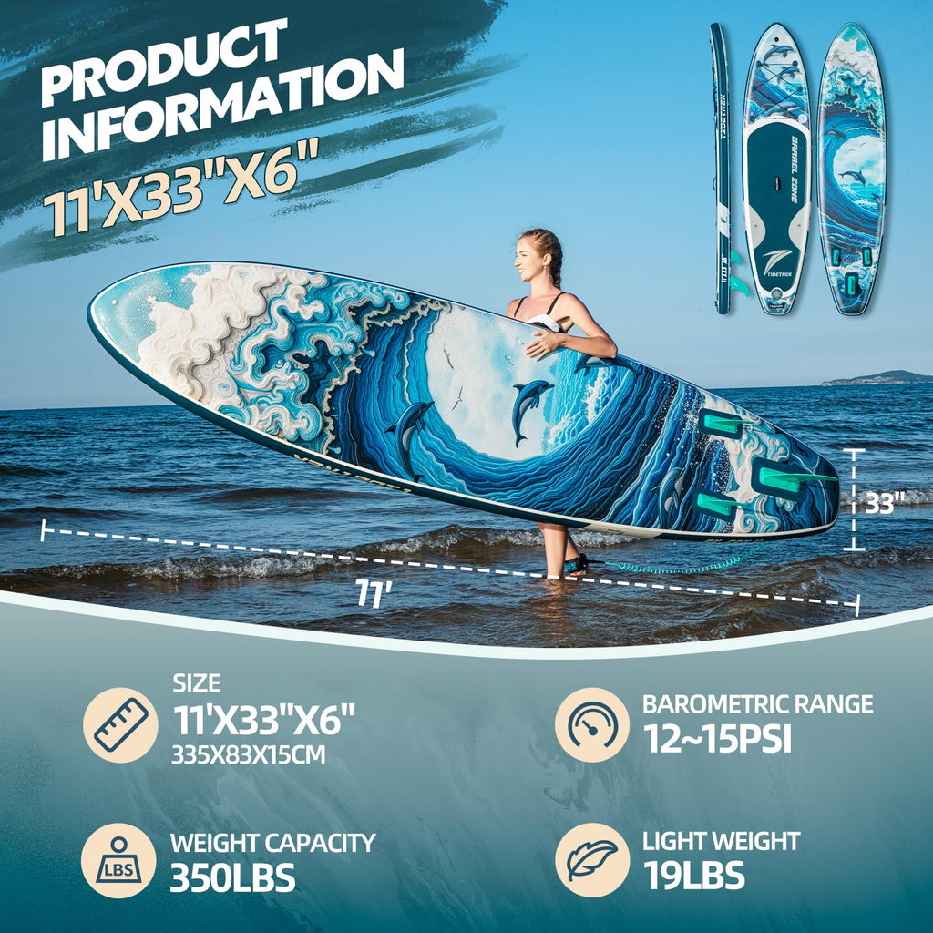 TIDETREK 11'/11'6" x 33"/34" x 6" Inflatable SUP Paddle Board – Extra-Wide, Stable Stand Up Paddle Board with Premium Full Accessory Set for Adults & Youth (Ocean Spirit, 11'x33 x6)