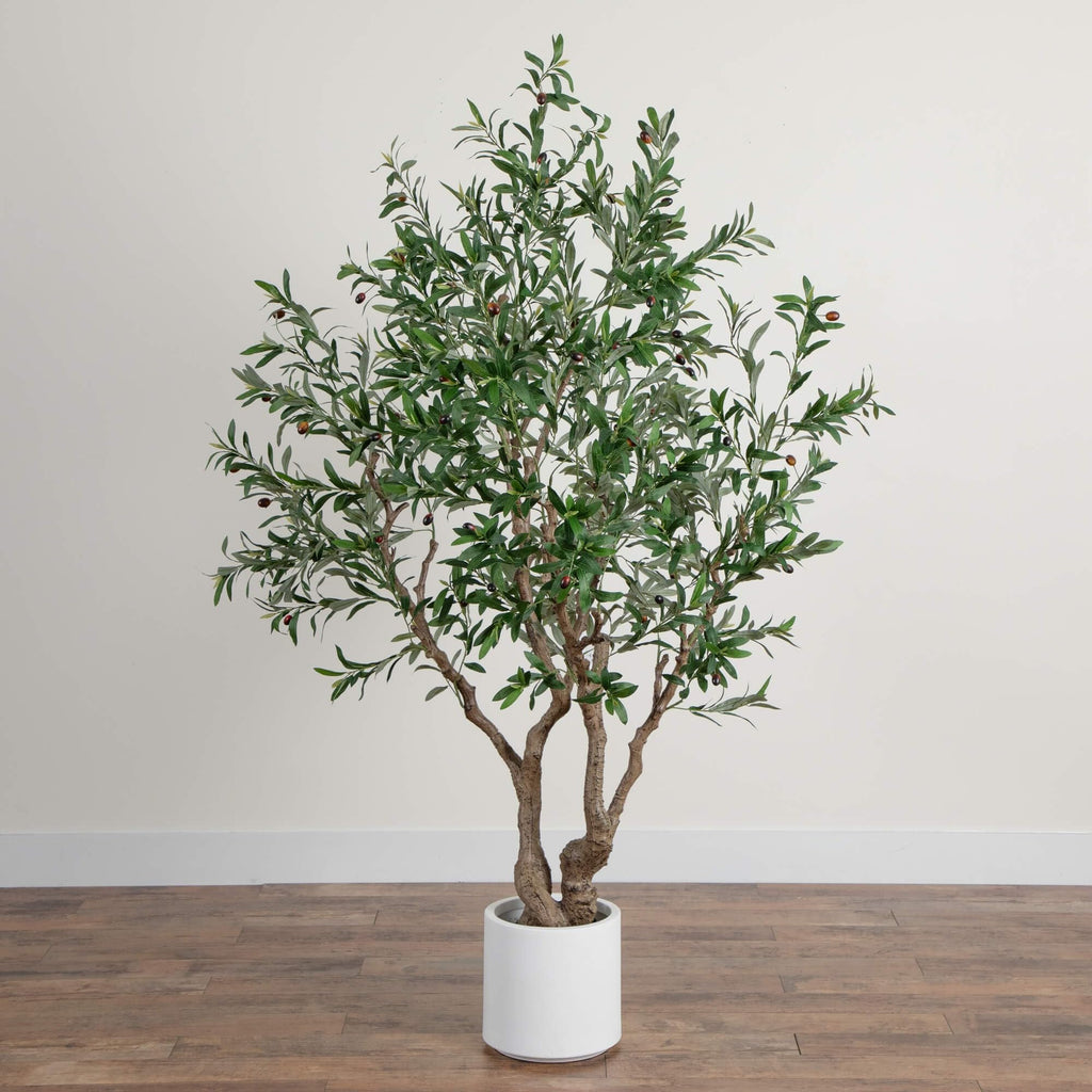 Nearly Natural 6ft. Artificial Grand Olive Tree in White Decorative Planter