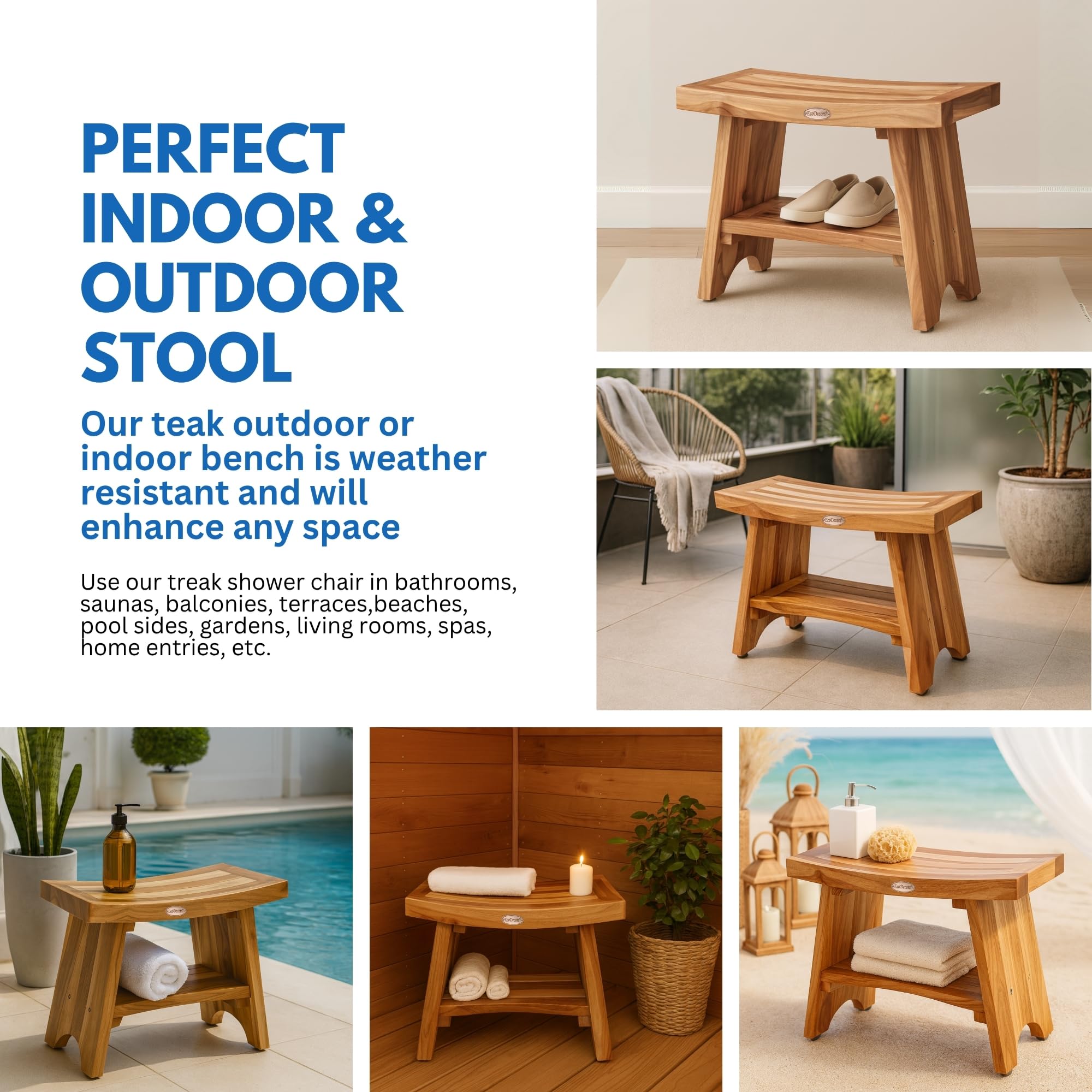 EcoDecors 24 Inch Serenity Teak Shower Bench – Waterproof Bathroom Seat with Large Storage Shelf For Adults & Seniors | Spa-Style Teak Wood Stool with Non-Slip Feet, Elegant Finish, 300 Pound Capacity