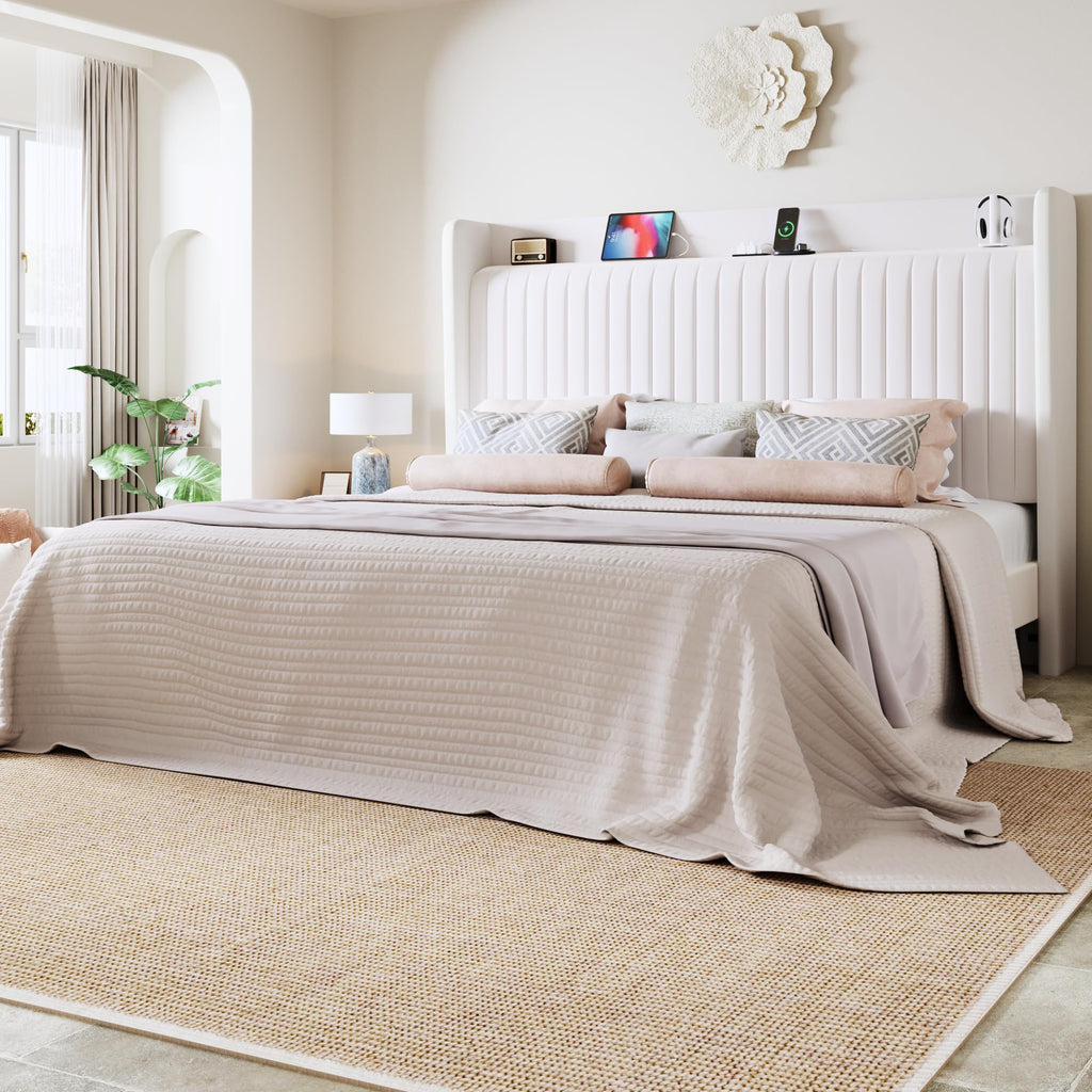 Allewie King Size Platform Bed Frame with USB Charging Station and Storage Shelf/Upholstered Velvet Wingback Headboard/Wooden Slats Support/No Box Spring Needed/Easy Assembly, White