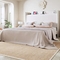 Allewie King Size Platform Bed Frame with USB Charging Station and Storage Shelf/Upholstered Velvet Wingback Headboard/Wooden Slats Support/No Box Spring Needed/Easy Assembly, White