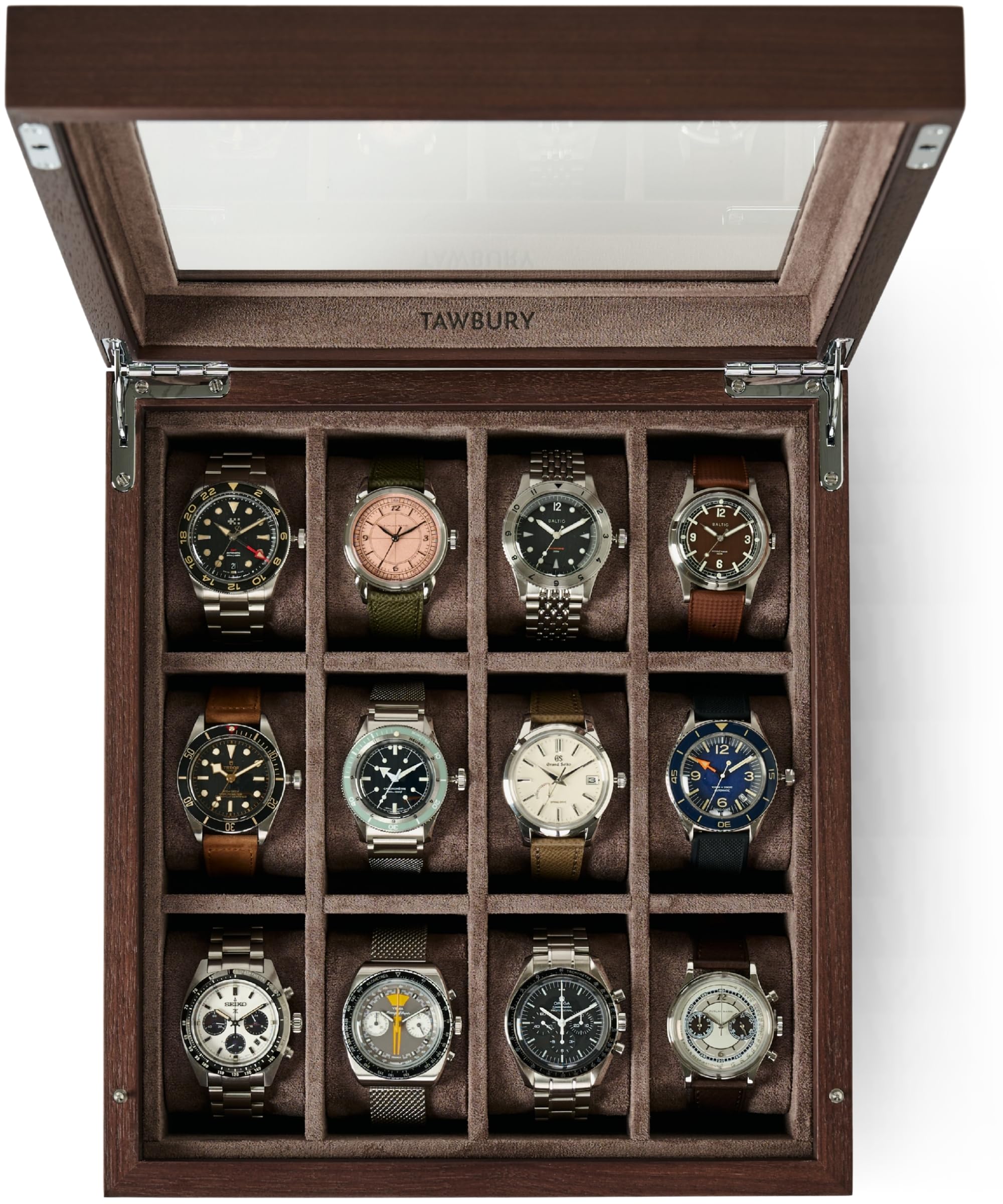 TAWBURY Wooden Watch Case - 12 Slot Wood Watch Box for Men & Women with Glass Display, Protective Fully Lined Interior and 2-inch Wide Pillows for Small & Large Watches (Dark Walnut)