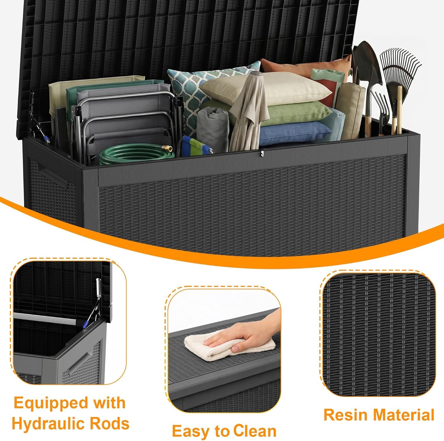ROJIK 320 Gallon Deck Box Outdoor Waterproof,Weatherproof Outdoor Storage Boxes Lockable with Lid,Outside Resin Storage Bench for Patio Cushions,Garden Tools and Pool Accessories(Black)