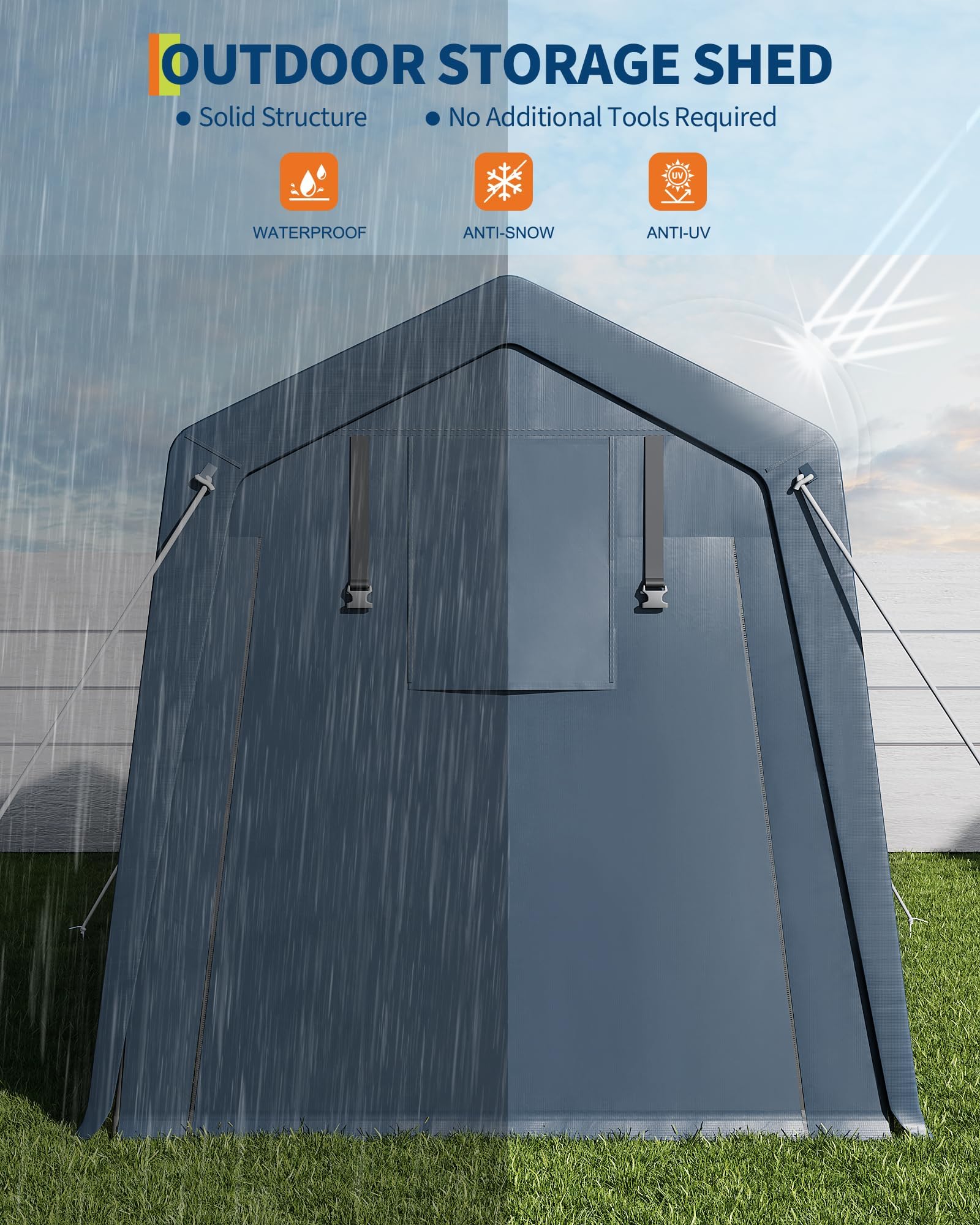 7 x 10 Ft Carport Portable Storage Shed Outdoor Tarp Sheds with Roll-Up Door, Bike Shed ATV Storage Tent for Motorcycle, Car, Garden Tools Grey