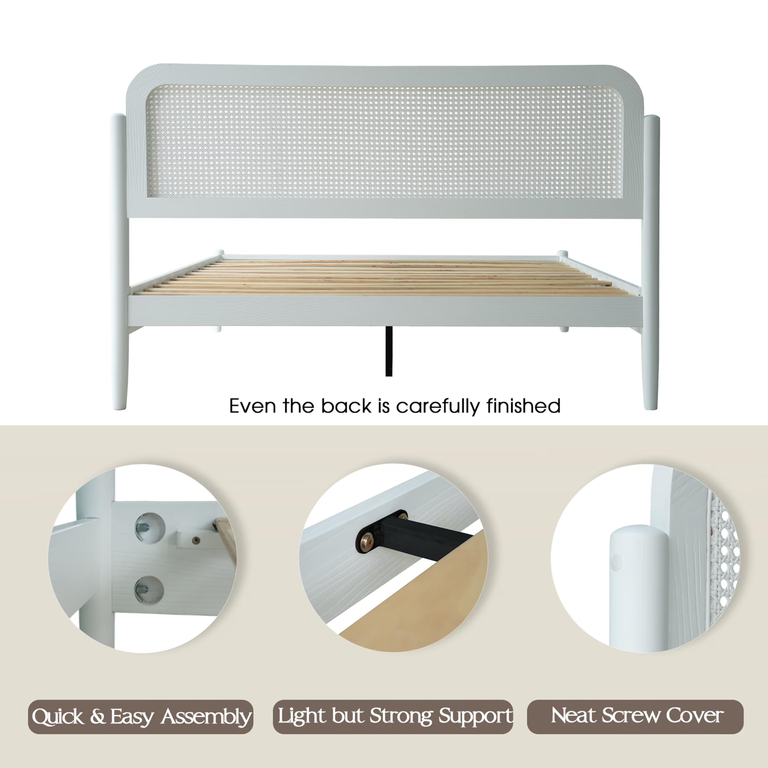 King Size Frame Solid Wood Platform Bed, Headboard & Footboard, 12 Durable Slatted Base, Metal Legs, No Box Spring Needed, Anti-Slip & Noise-Free, Easy Assembly, Pure White Finish JMK-39