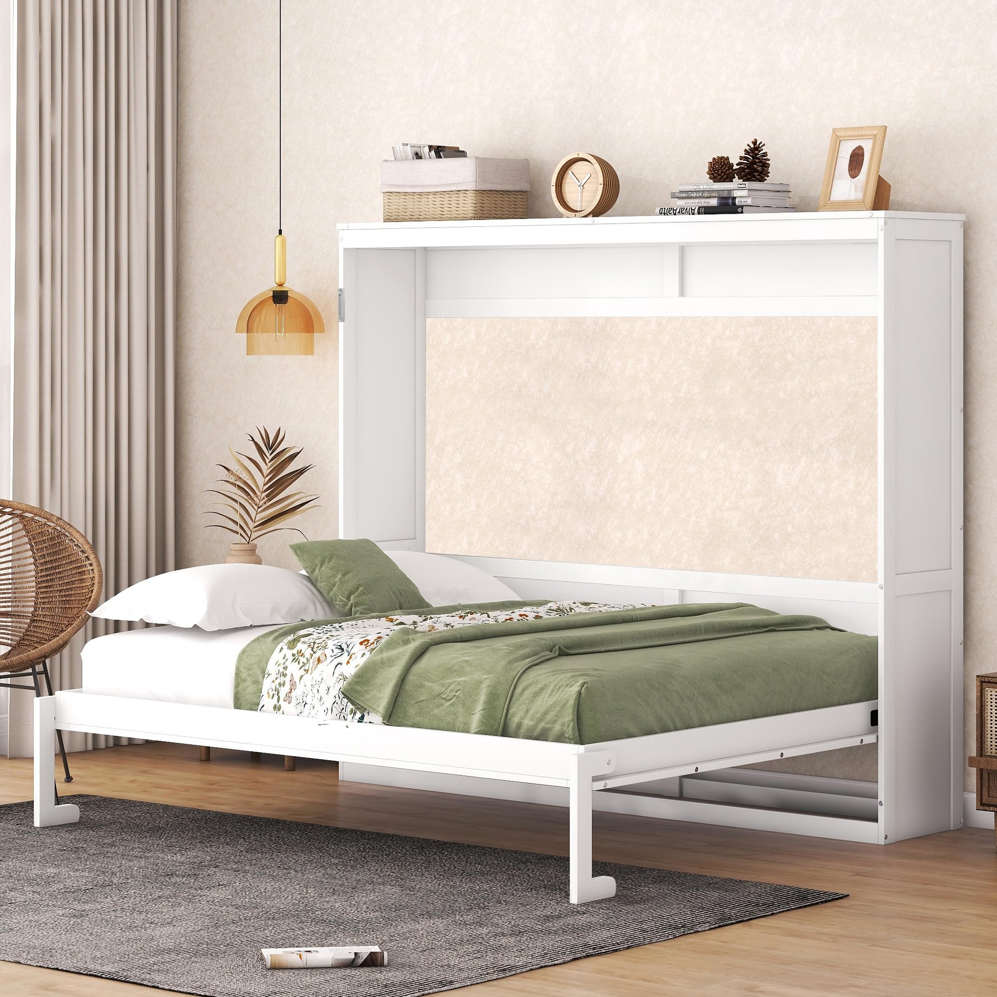 Merax Modern Farmhouse Solid Wood Murphy Bed Chest/Space Saving/Wood Slat Support/Queen,White