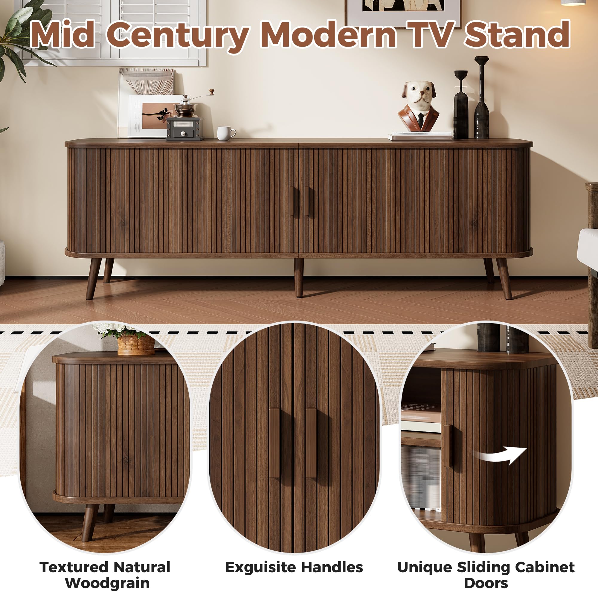 Merax 70 Inch Mid Century Modern TV Stand for TVs up to 80", Fluted Entertainment Center with Ample Storage & Sliding Doors, Curved Design Media Console for Living Room, Solid Wood Legs, Walnut