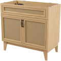 JONATHAN Y Javer Oak 36 in. W x 18 in. D x 33 in. H Bathroom Vanity Cabinet Base with Bohemian Rattan, Freestanding Storage with Soft-Close Doors, Sink Basin not Included VAN1011A
