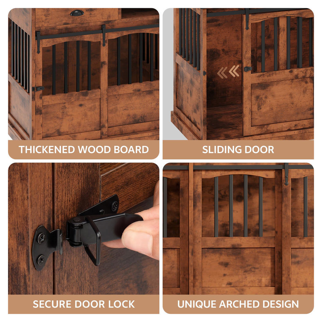 Homiflex 72" Double Dog Crate Furniture with Storage for 2 Medium Large Dogs Farmhouse Wooden Dog Kennel Furniture with 2 Sliding Doors Divider & Power Outlets Decorative Dog Cage TV Stand, Brown